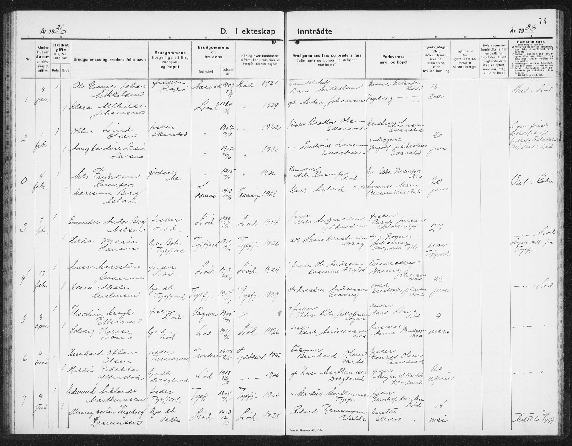 Ministerialprotokoller, klokkerbøker og fødselsregistre - Nordland, AV/SAT-A-1459/872/L1050: Parish register (copy) no. 872C06, 1932-1942, p. 74