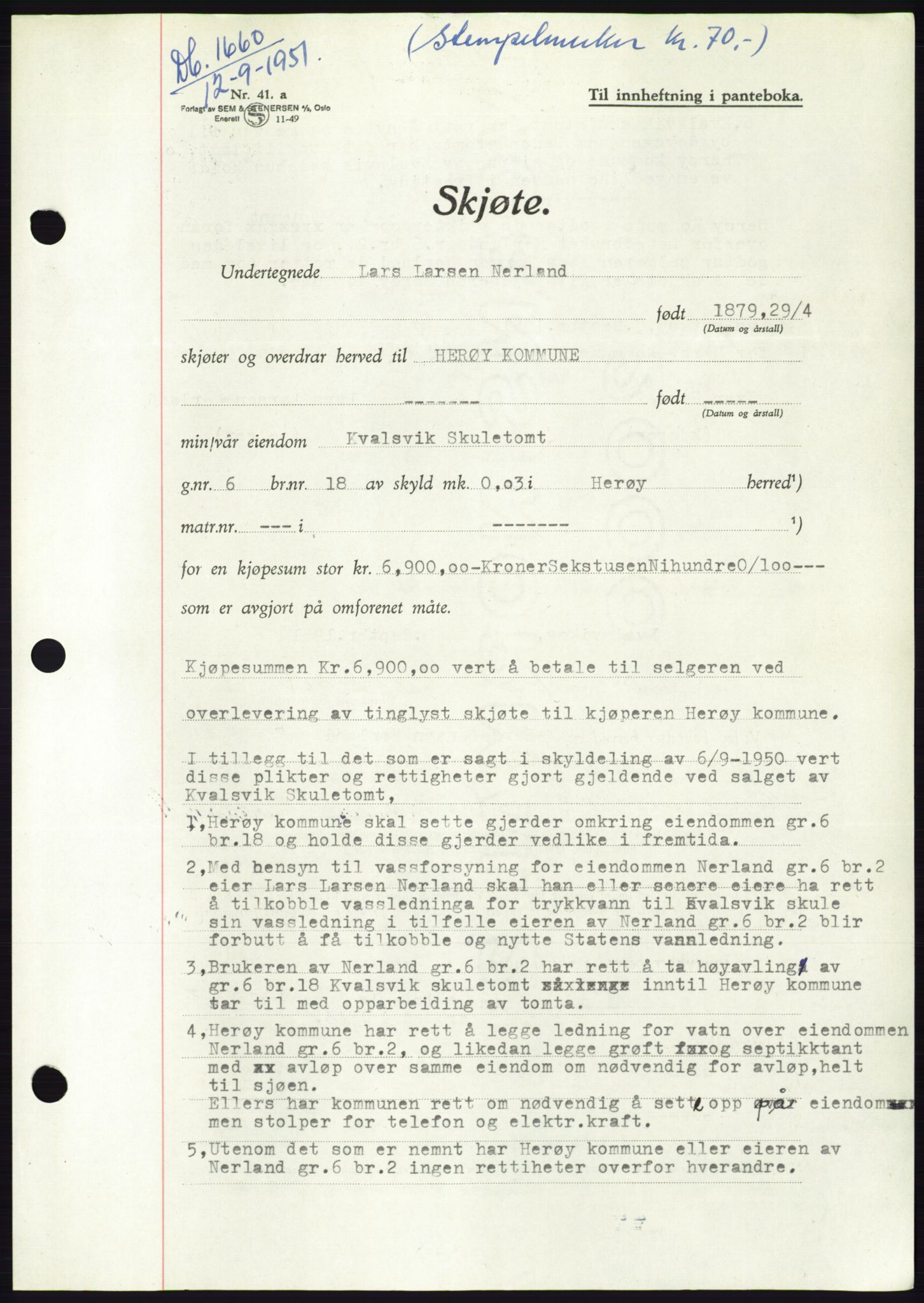 Søre Sunnmøre sorenskriveri, AV/SAT-A-4122/1/2/2C/L0089: Mortgage book no. 15A, 1951-1951, Diary no: : 1660/1951