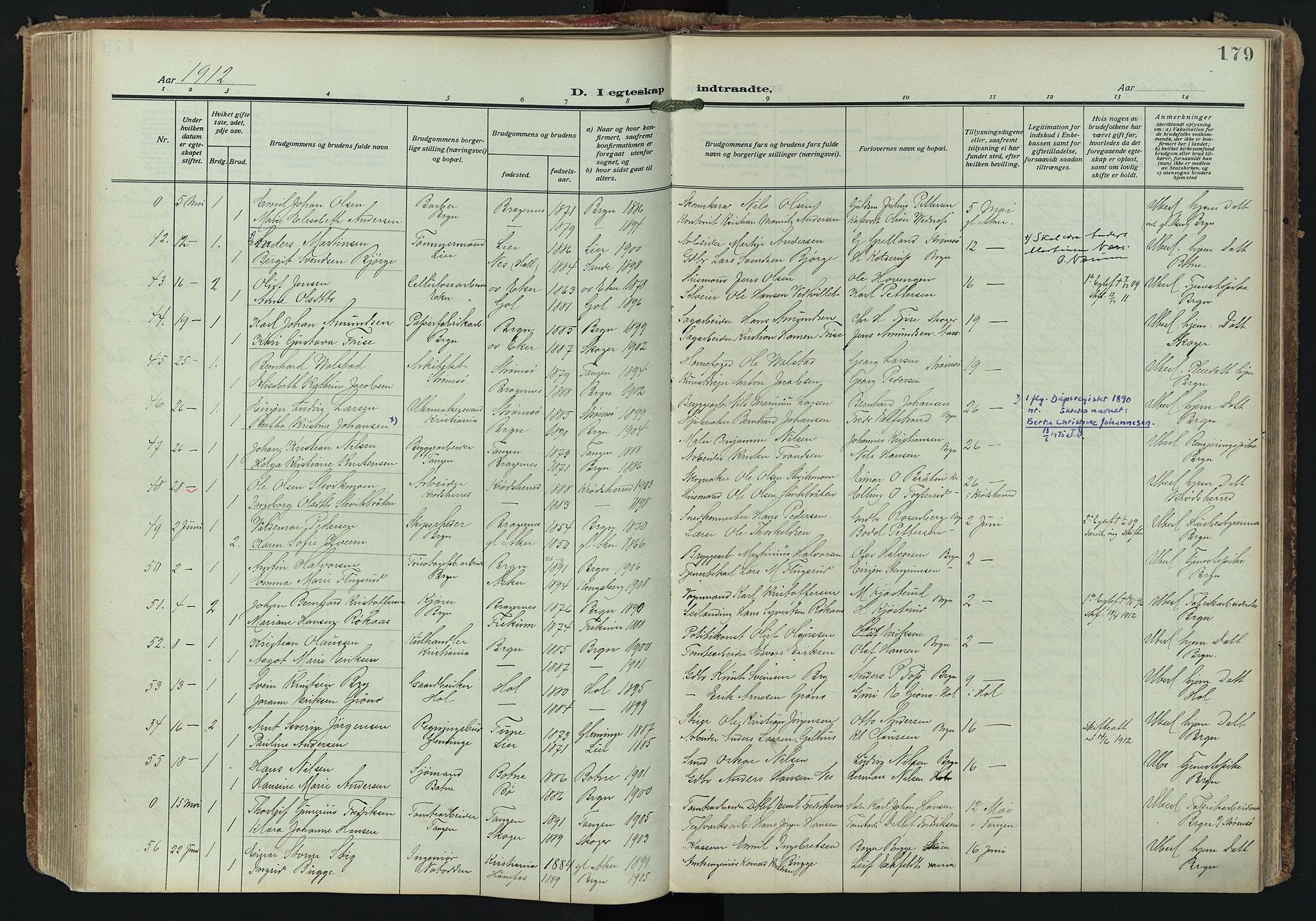 Bragernes kirkebøker, AV/SAKO-A-6/F/Fc/L0008: Parish register (official) no. III 8, 1909-1921, p. 179