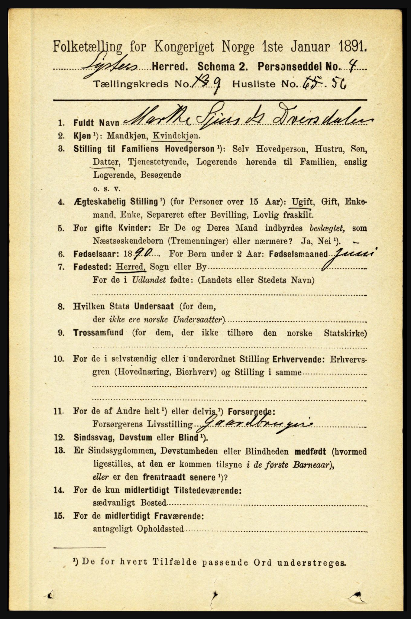 RA, 1891 census for 1426 Luster, 1891, p. 3090