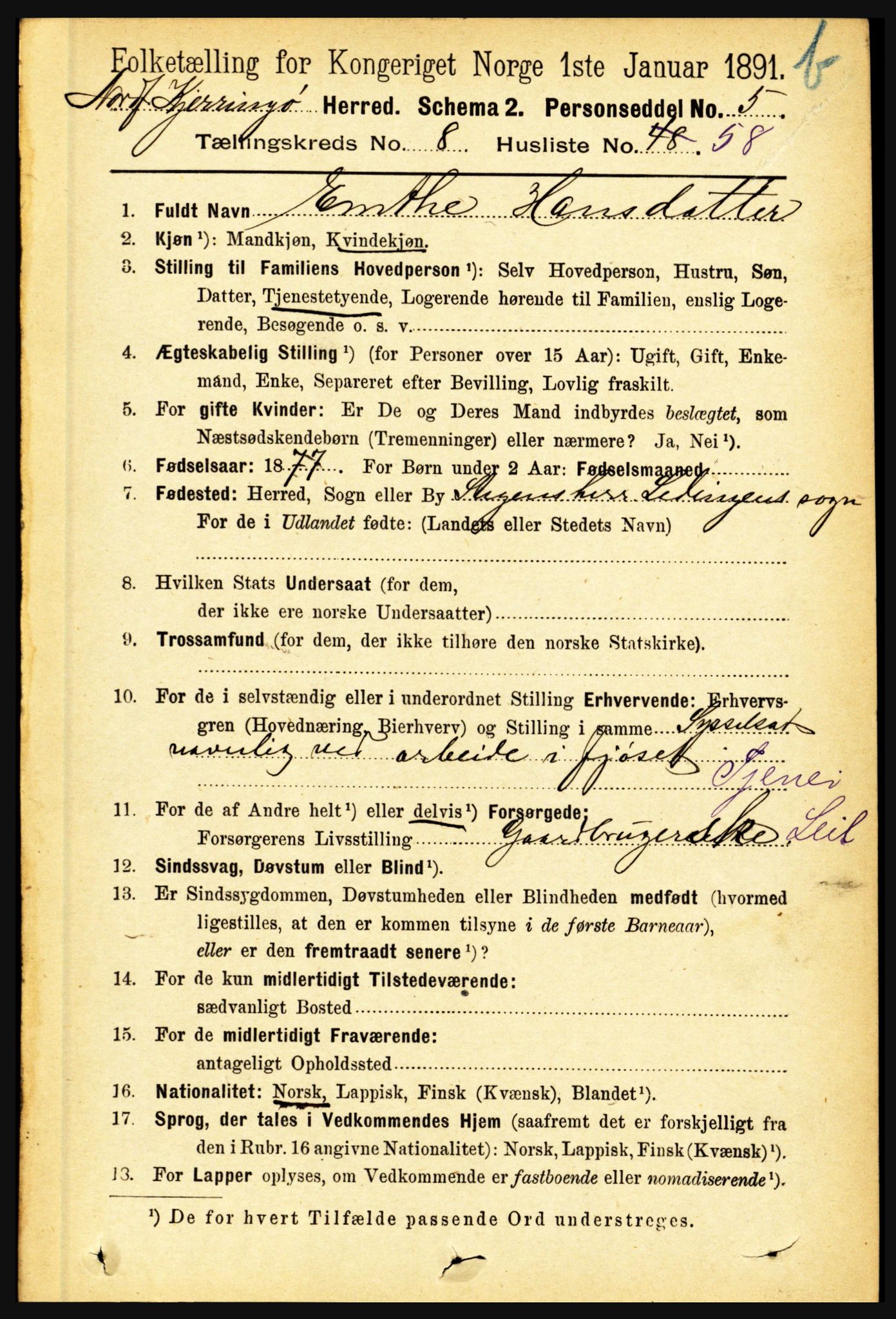 RA, 1891 census for 1846 Nordfold-Kjerringøy, 1891, p. 2285