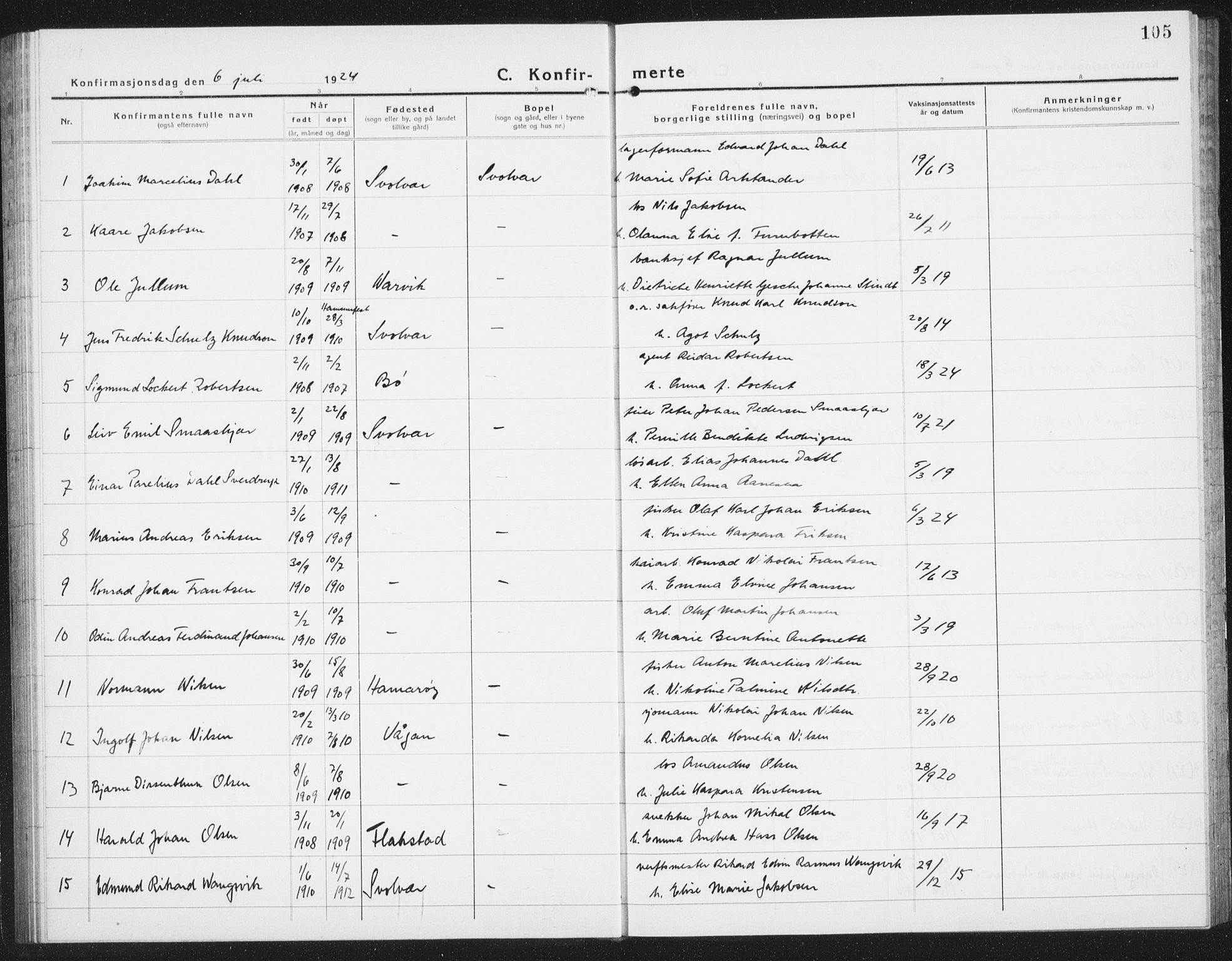 Ministerialprotokoller, klokkerbøker og fødselsregistre - Nordland, AV/SAT-A-1459/877/L1117: Parish register (copy) no. 877C01, 1923-1942, p. 105