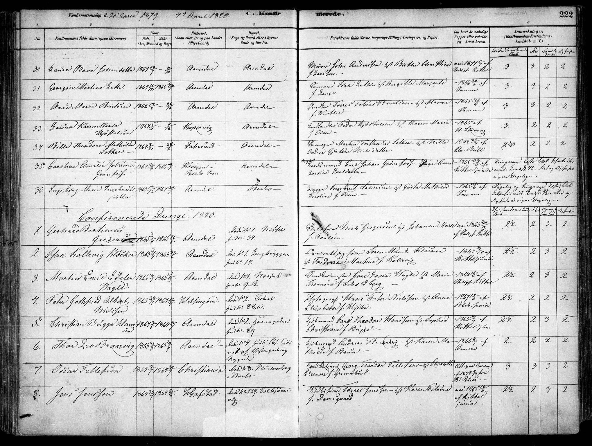 Arendal sokneprestkontor, Trefoldighet, SAK/1111-0040/F/Fa/L0008: Parish register (official) no. A 8, 1878-1899, p. 222