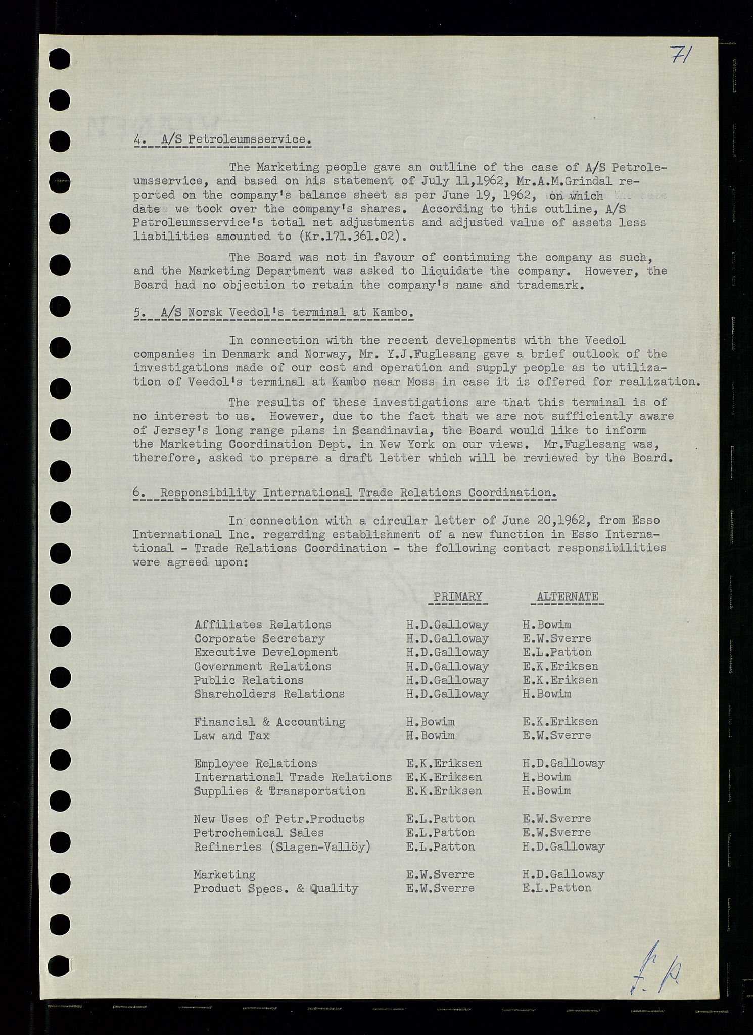 Pa 0982 - Esso Norge A/S, AV/SAST-A-100448/A/Aa/L0001/0003: Den administrerende direksjon Board minutes (styrereferater) / Den administrerende direksjon Board minutes (styrereferater), 1962, p. 71