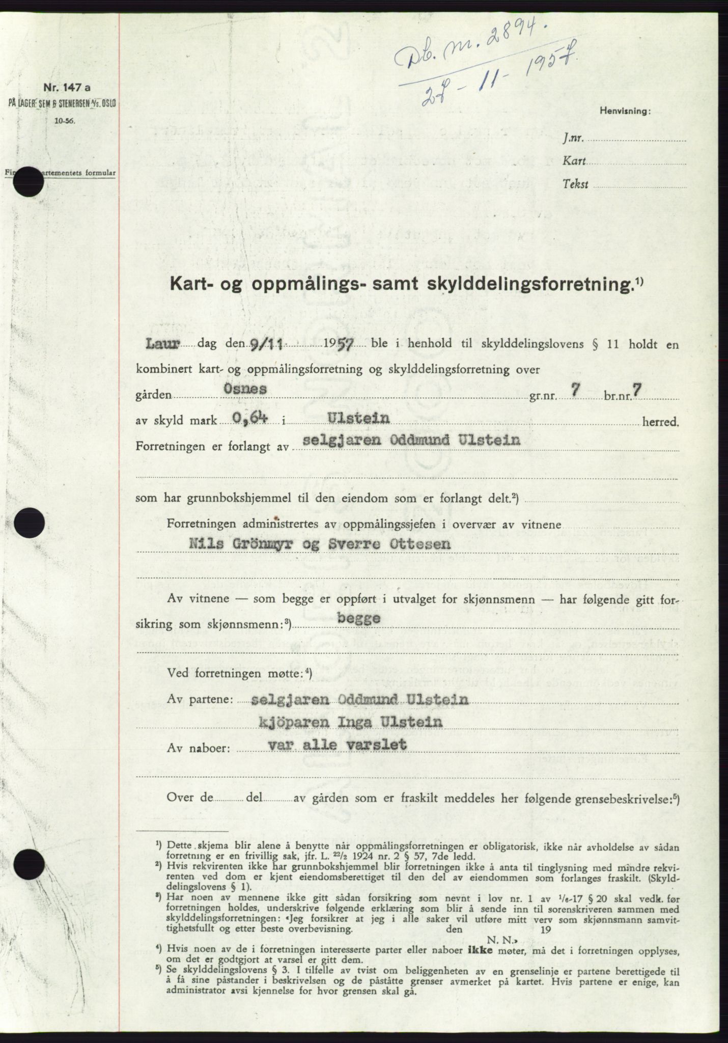 Søre Sunnmøre sorenskriveri, AV/SAT-A-4122/1/2/2C/L0108: Mortgage book no. 34A, 1957-1958, Diary no: : 2894/1957