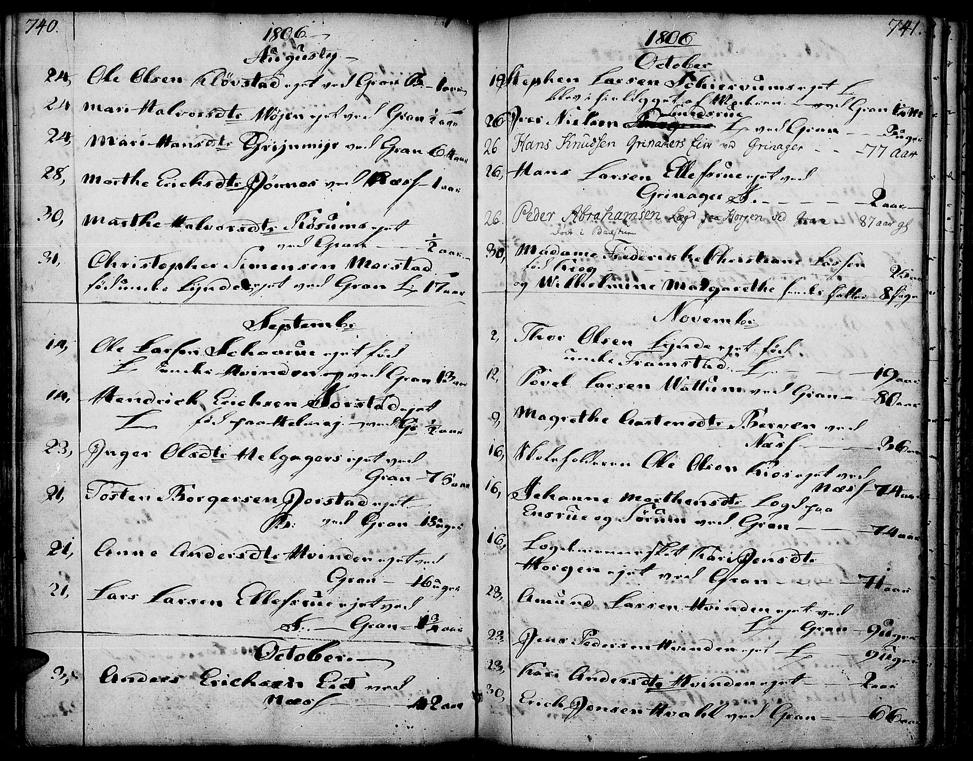 Gran prestekontor, SAH/PREST-112/H/Ha/Haa/L0006: Parish register (official) no. 6, 1787-1824, p. 740-741