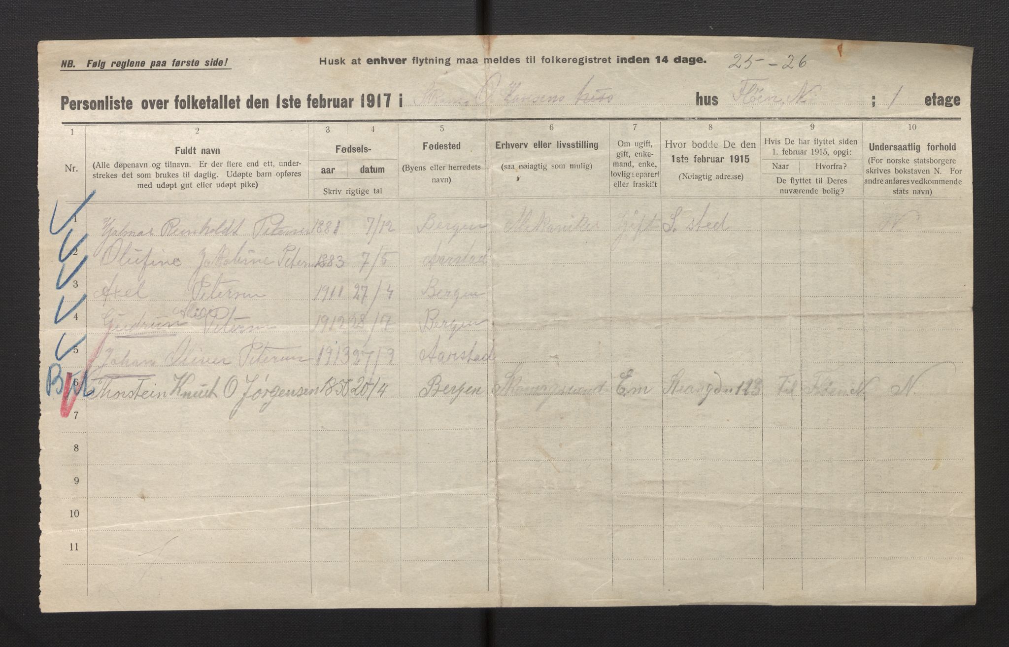 SAB, Municipal Census 1917 for Bergen, 1917, p. 54190