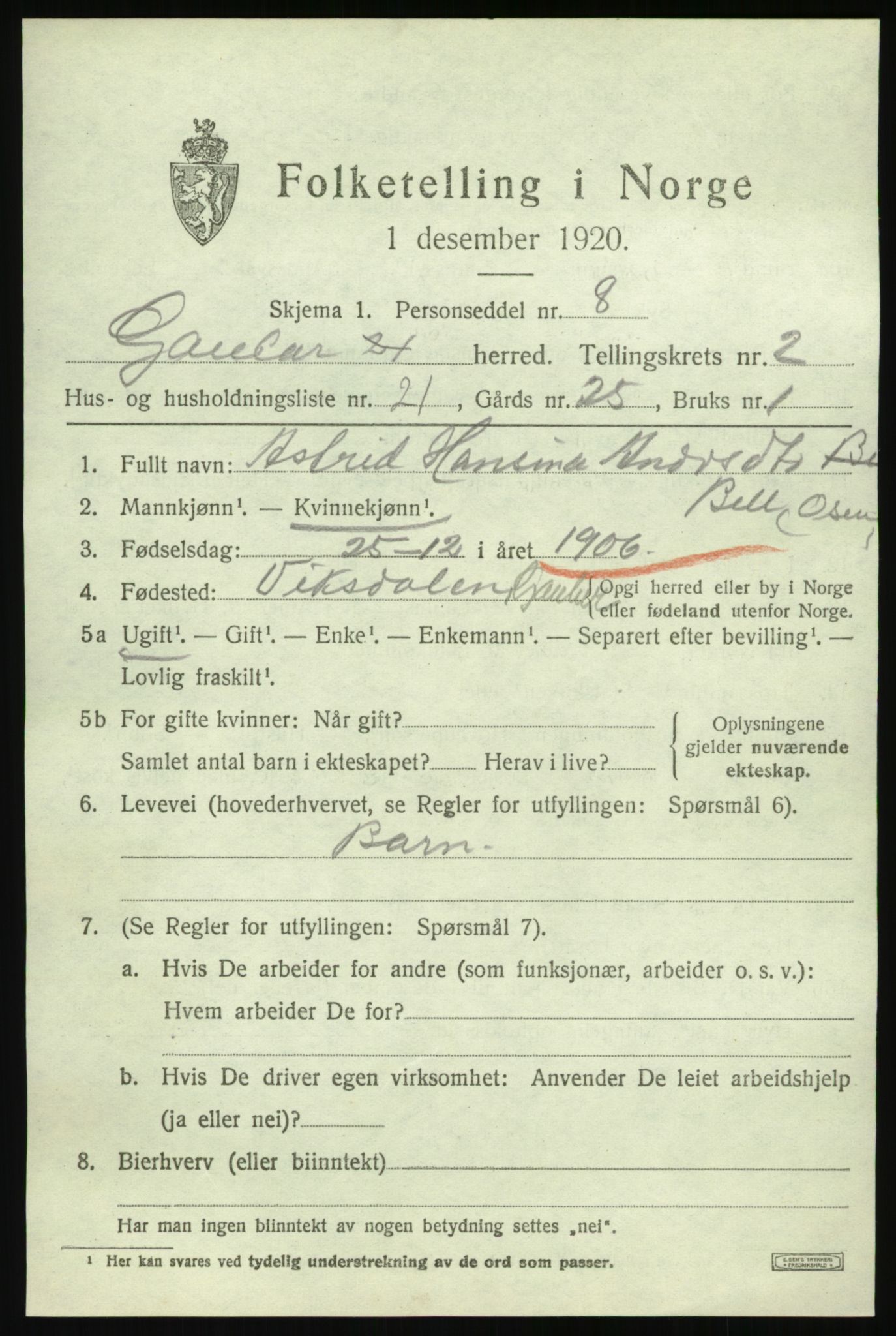 SAB, 1920 census for Gaular, 1920, p. 1802