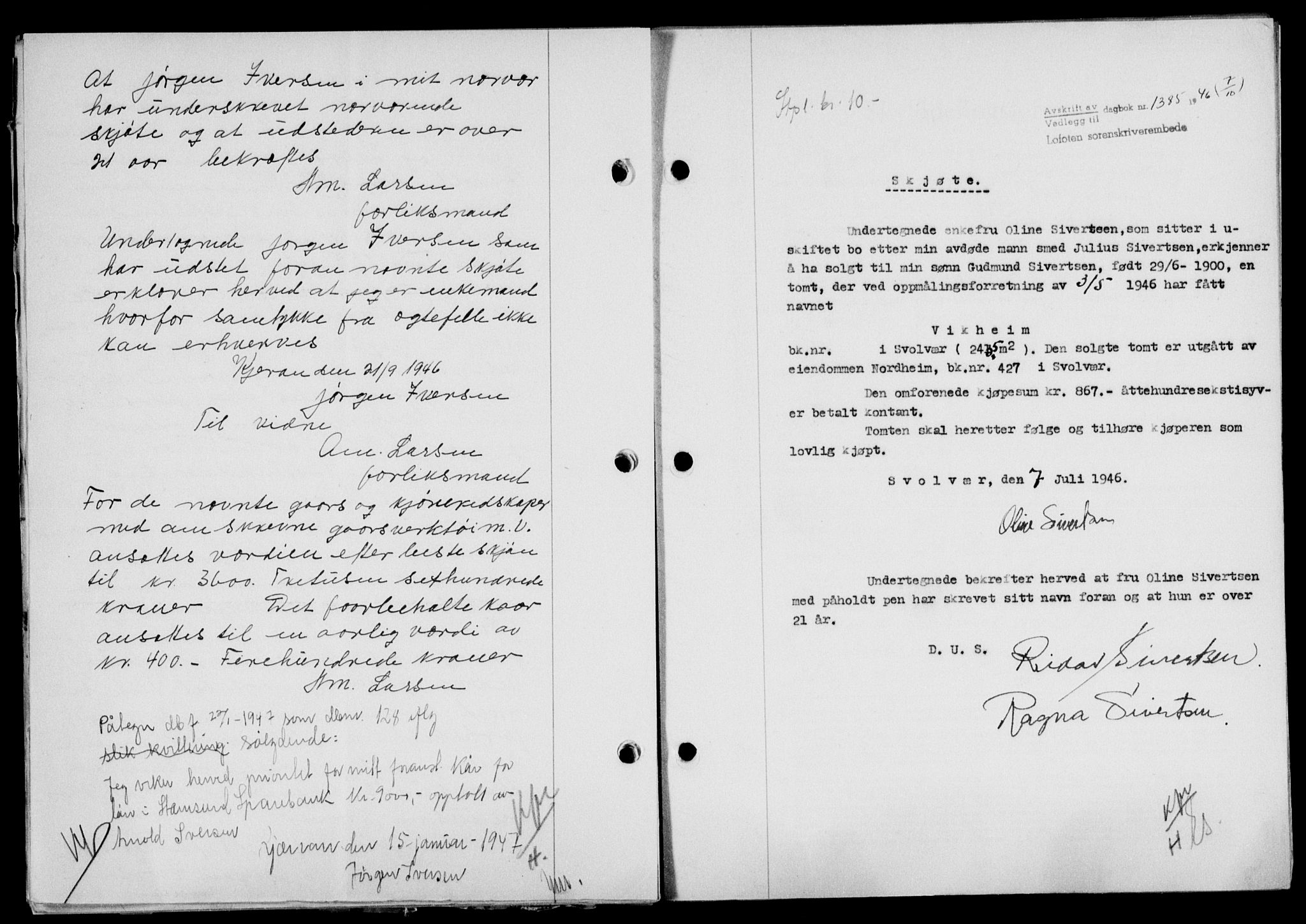 Lofoten sorenskriveri, SAT/A-0017/1/2/2C/L0014a: Mortgage book no. 14a, 1946-1946, Diary no: : 1385/1946