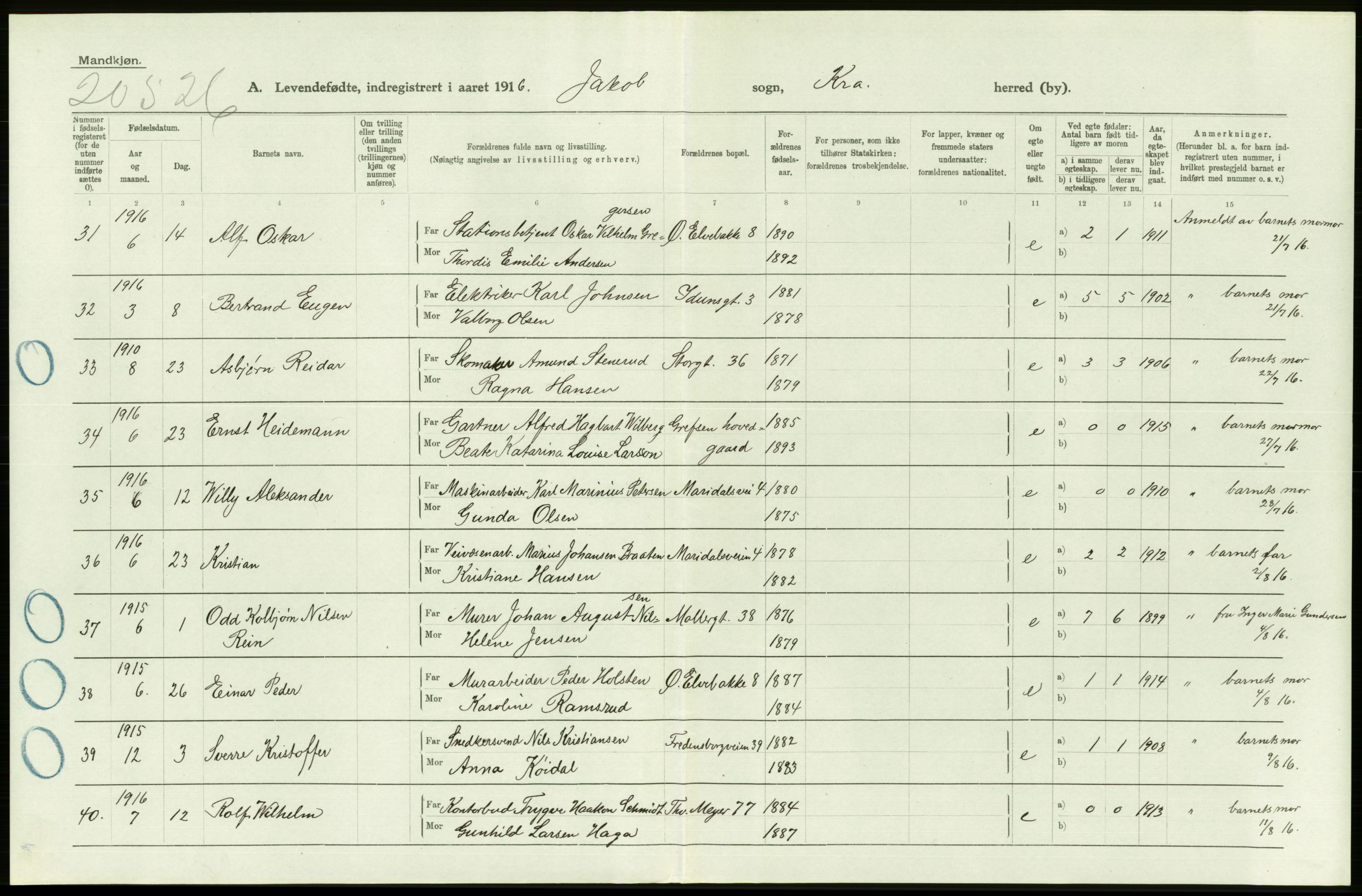 Statistisk sentralbyrå, Sosiodemografiske emner, Befolkning, RA/S-2228/D/Df/Dfb/Dfbf/L0007: Kristiania: Levendefødte menn og kvinner., 1916, p. 530