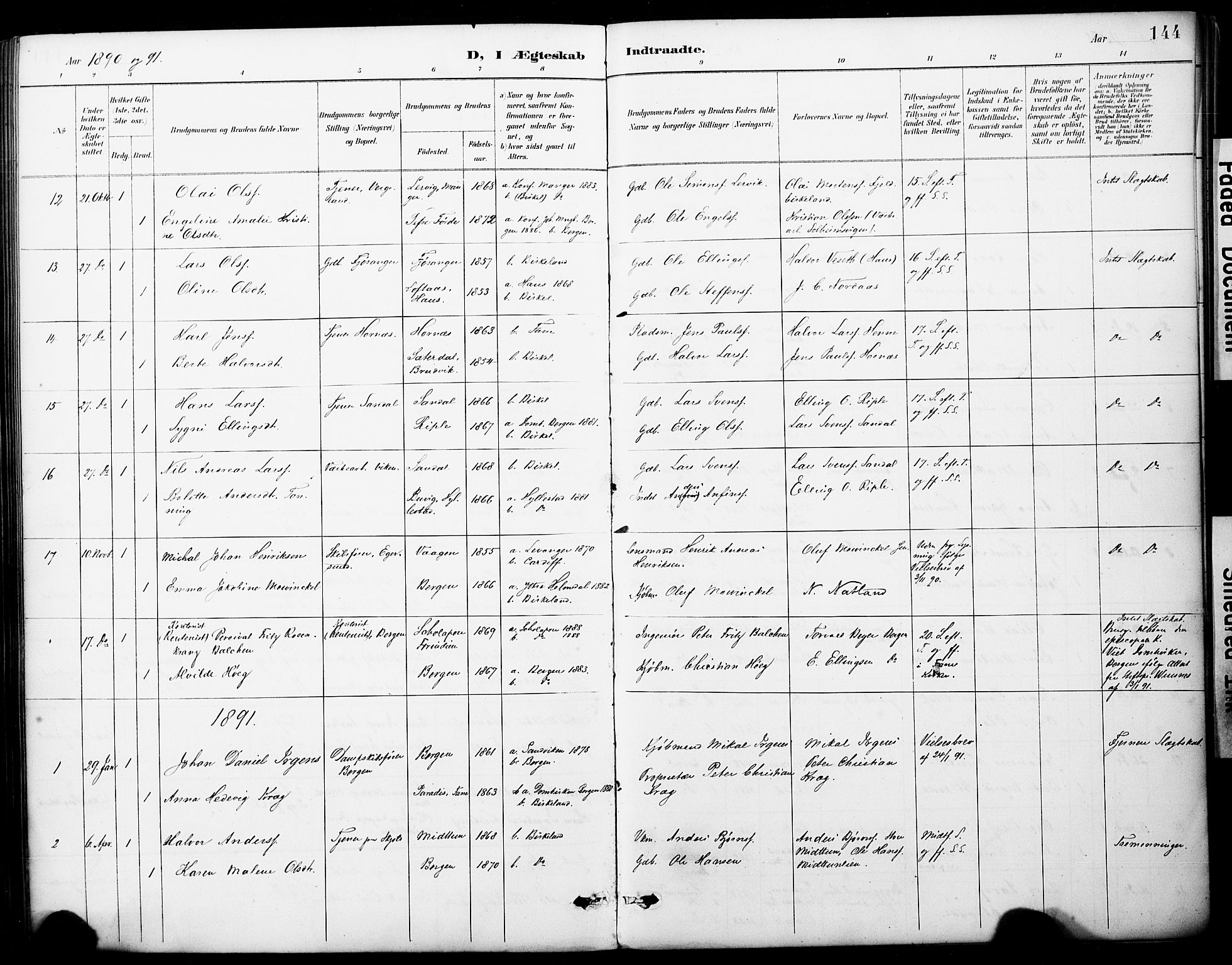 Fana Sokneprestembete, SAB/A-75101/H/Haa/Haai/L0002: Parish register (official) no. I 2, 1888-1899, p. 144