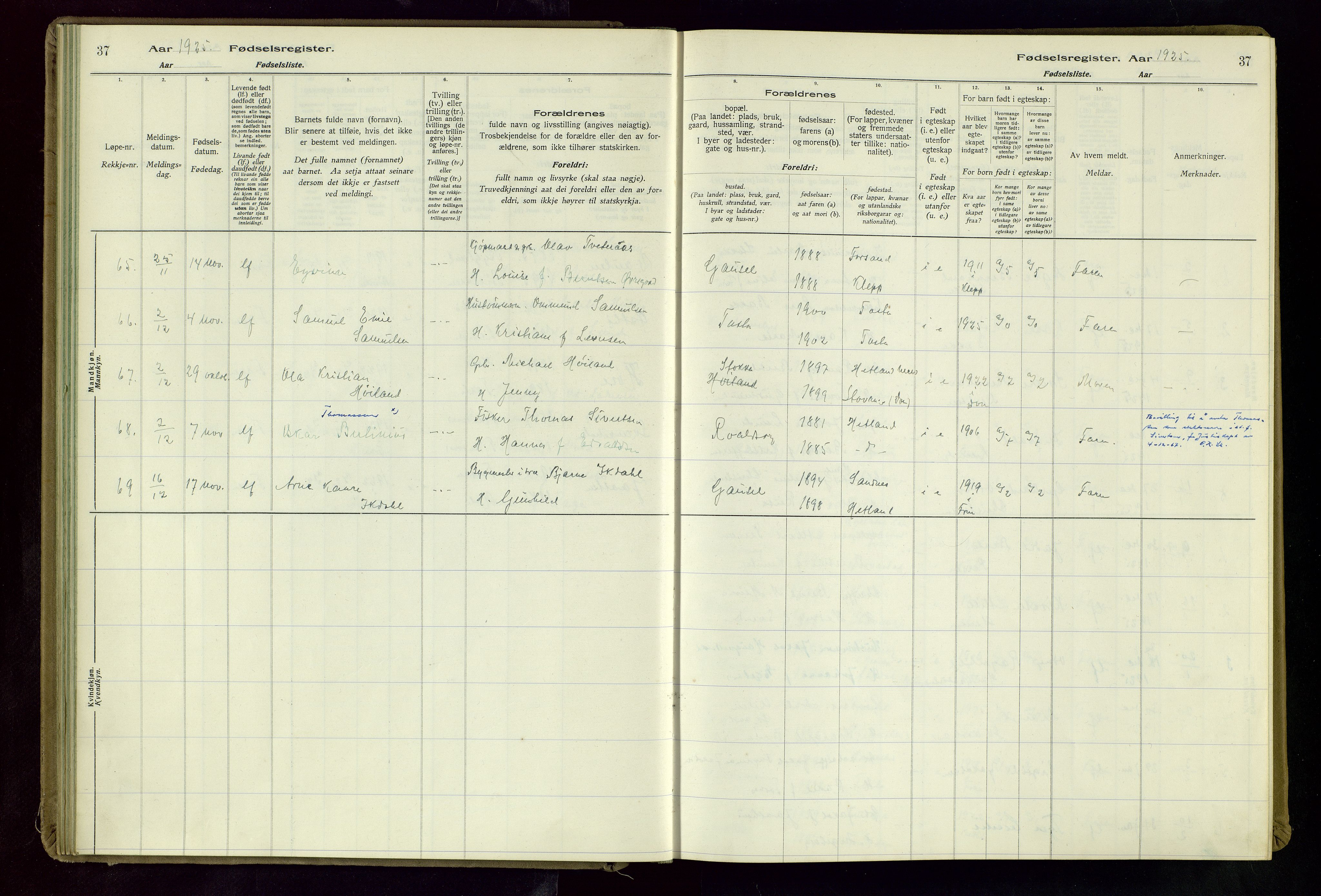 Hetland sokneprestkontor, SAST/A-101826/70/704BA/L0004: Birth register no. 4, 1923-1937, p. 37