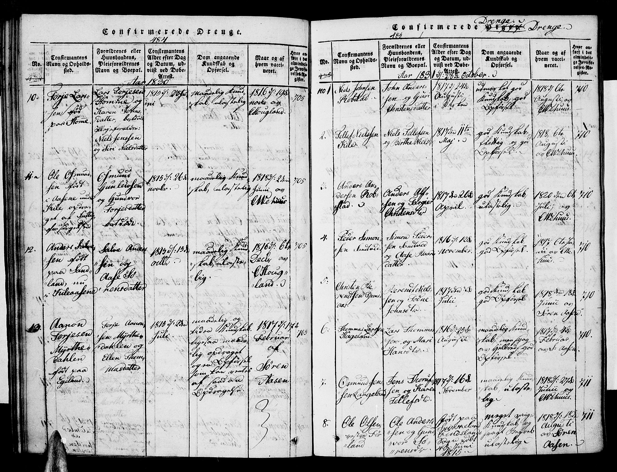 Vennesla sokneprestkontor, SAK/1111-0045/Fa/Faa/L0003: Parish register (official) no. A 3, 1820-1834, p. 484-485