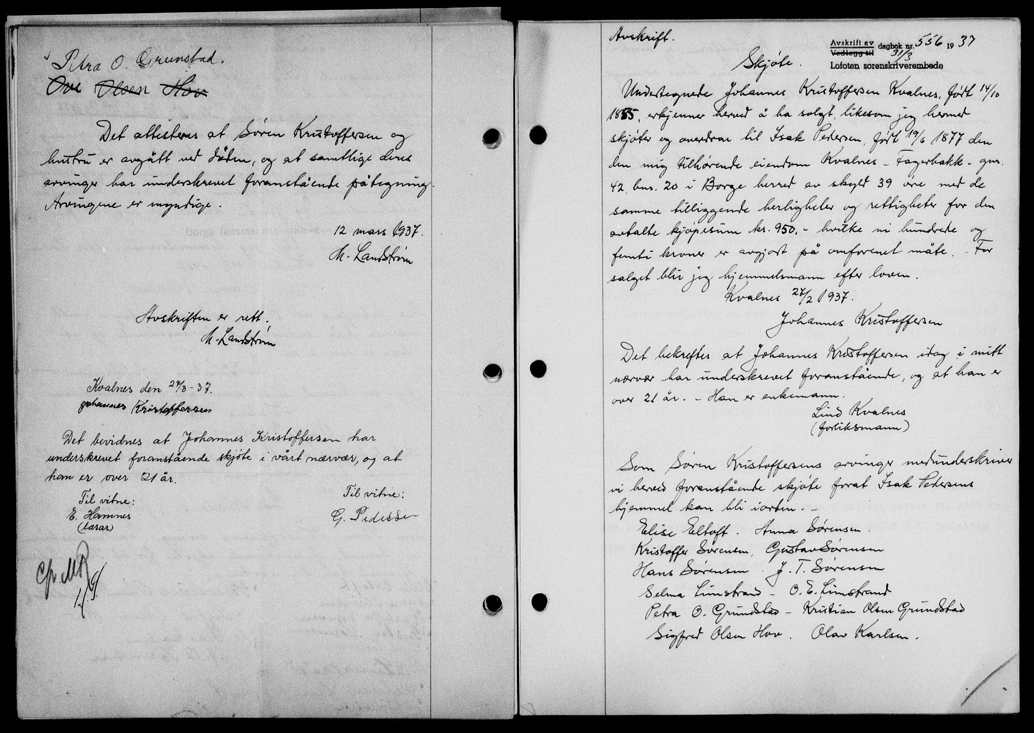 Lofoten sorenskriveri, SAT/A-0017/1/2/2C/L0002a: Mortgage book no. 2a, 1937-1937, Diary no: : 556/1937