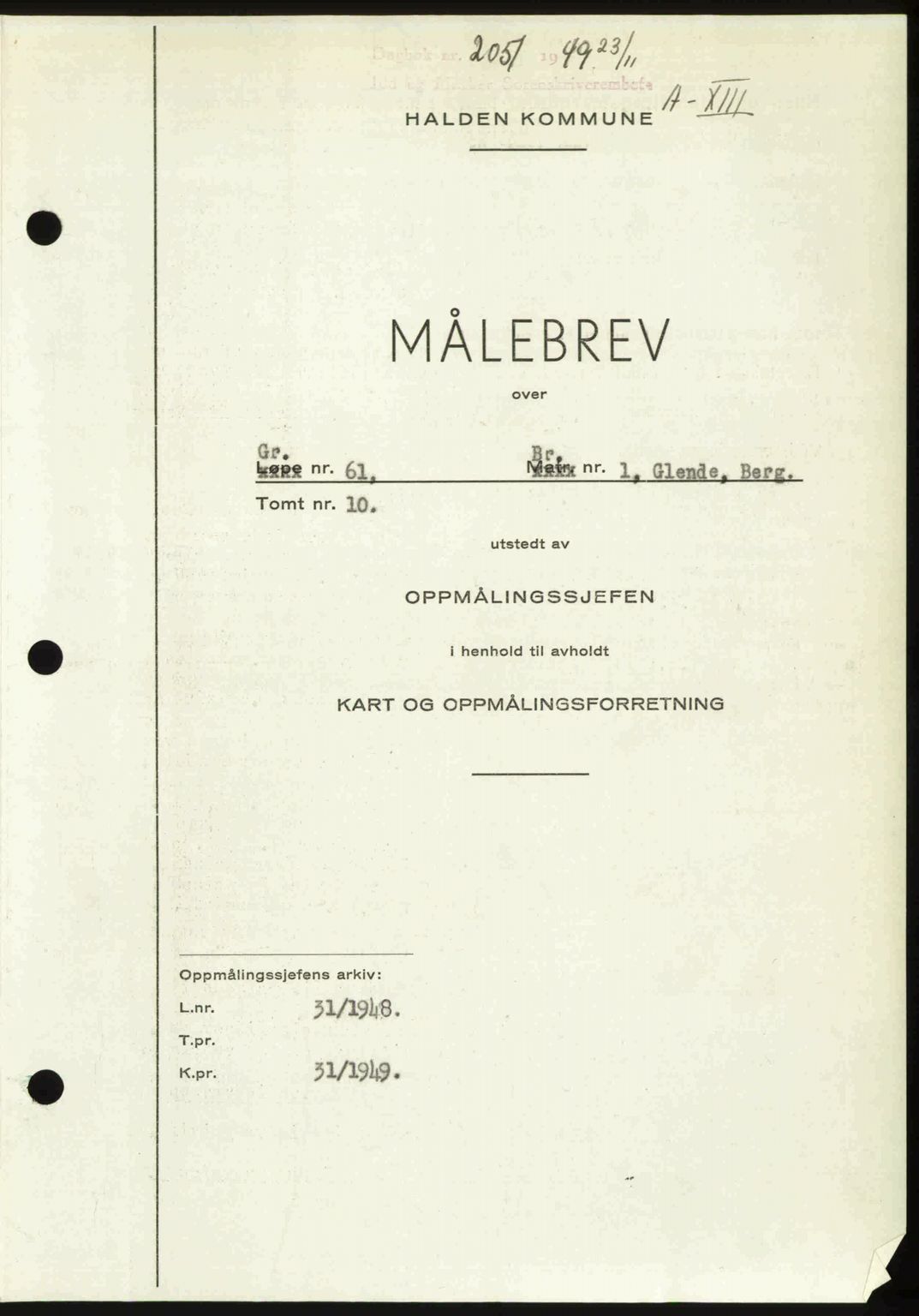 Idd og Marker sorenskriveri, AV/SAO-A-10283/G/Gb/Gbb/L0013: Mortgage book no. A13, 1949-1950, Diary no: : 2051/1949