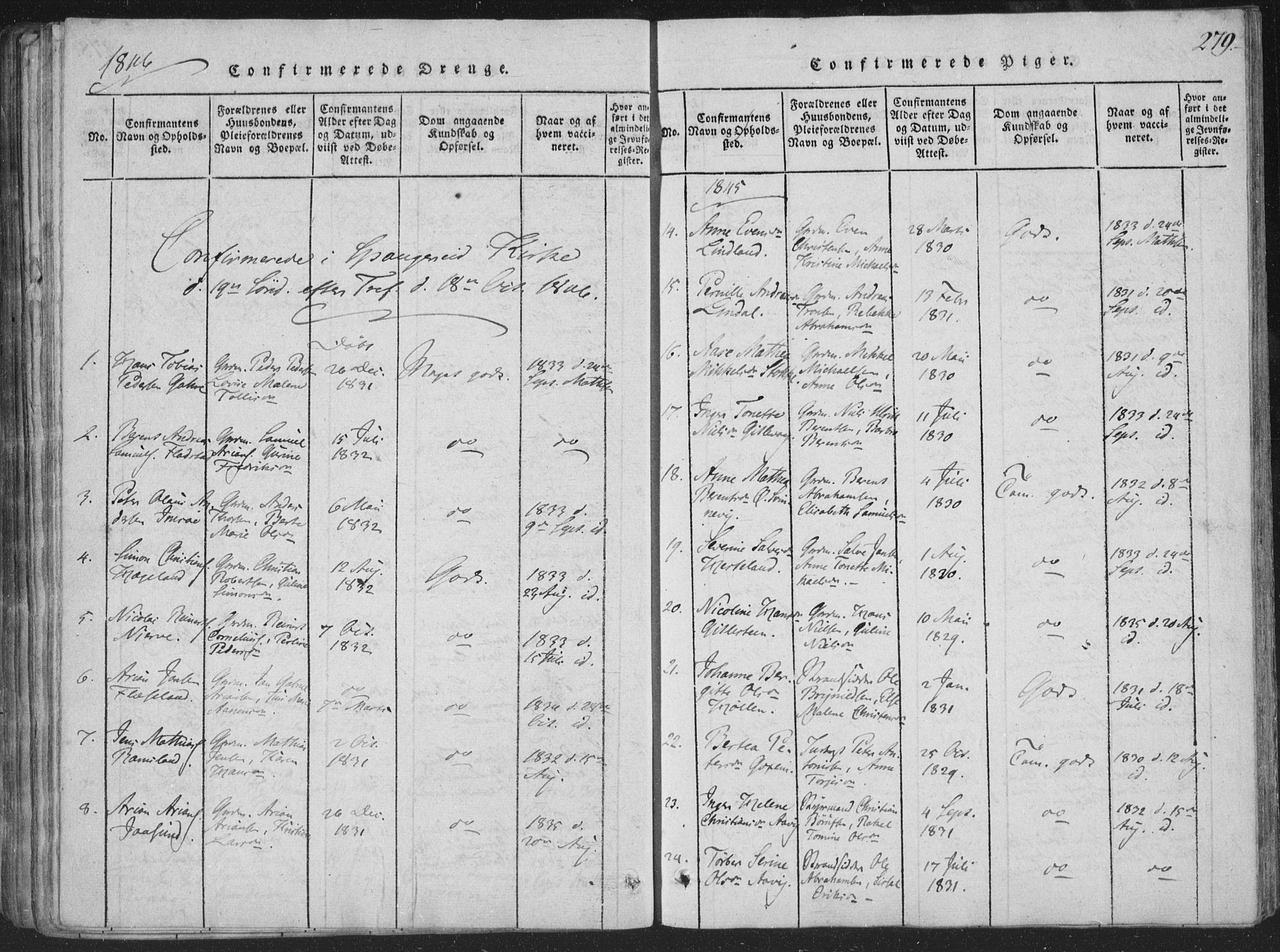 Sør-Audnedal sokneprestkontor, SAK/1111-0039/F/Fa/Faa/L0001: Parish register (official) no. A 1, 1816-1848, p. 279