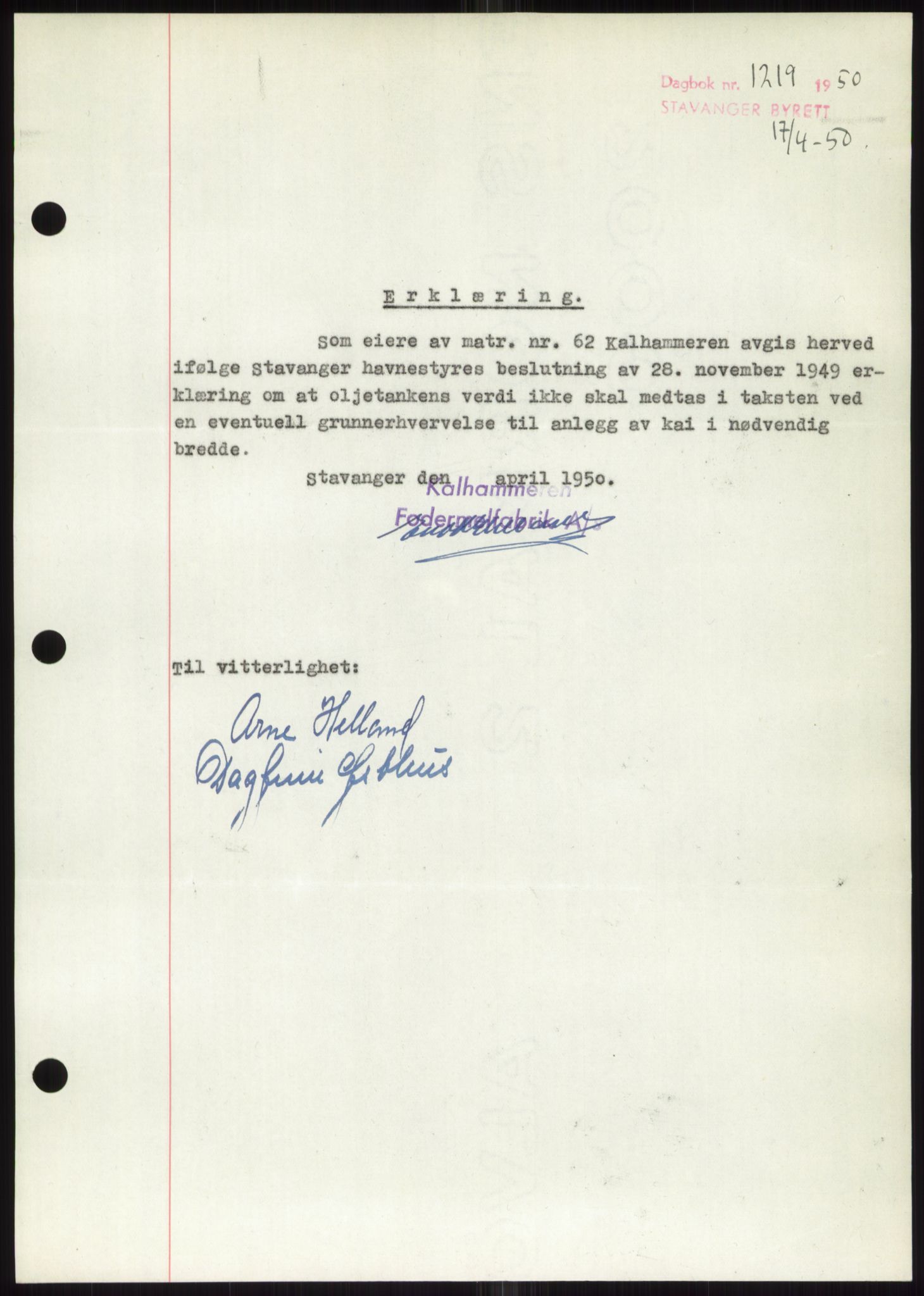 Stavanger byrett, SAST/A-100455/002/G/Gb/L0032: Mortgage book, 1947-1950, Diary no: : 1219/1950
