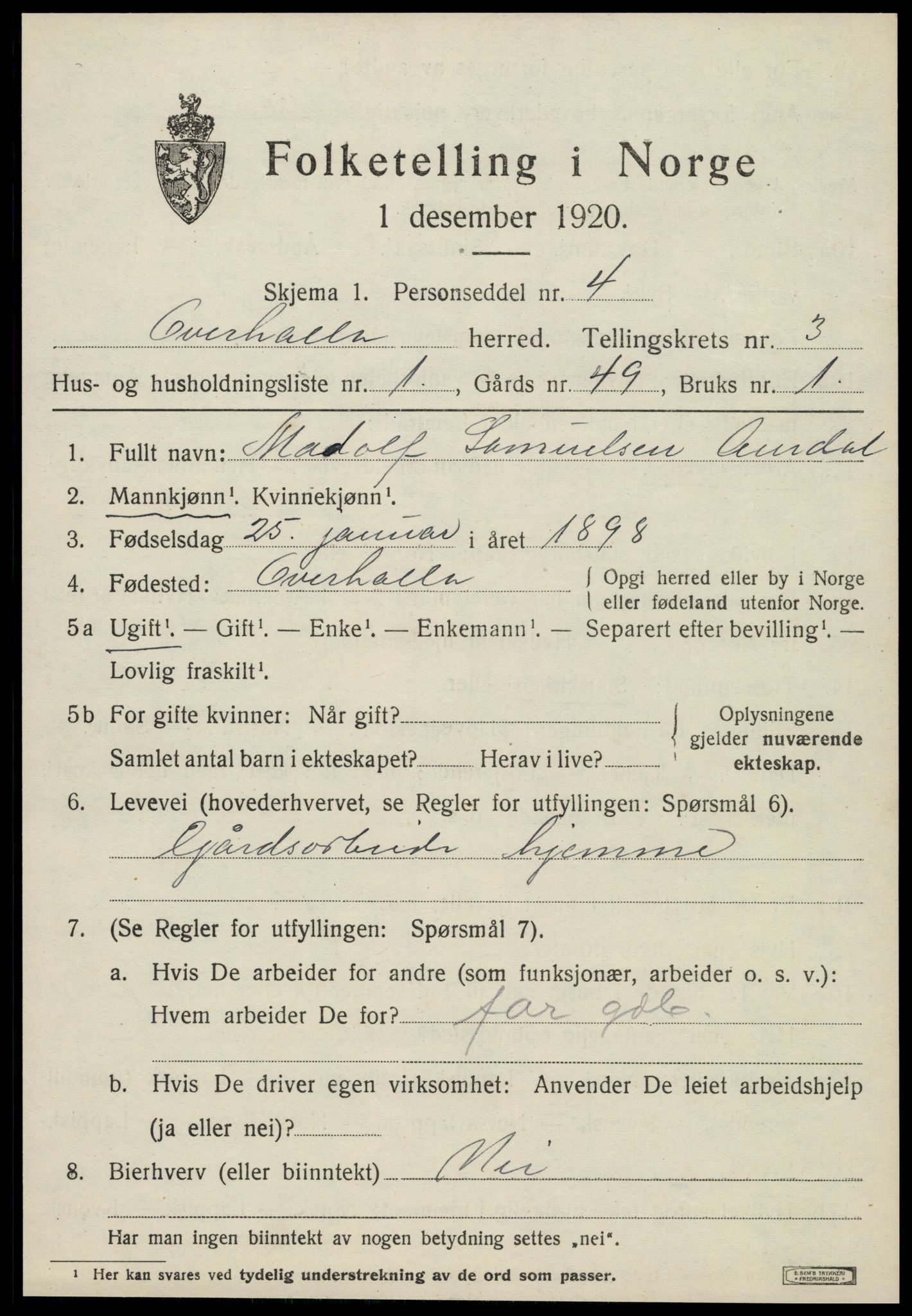 SAT, 1920 census for Overhalla, 1920, p. 2046