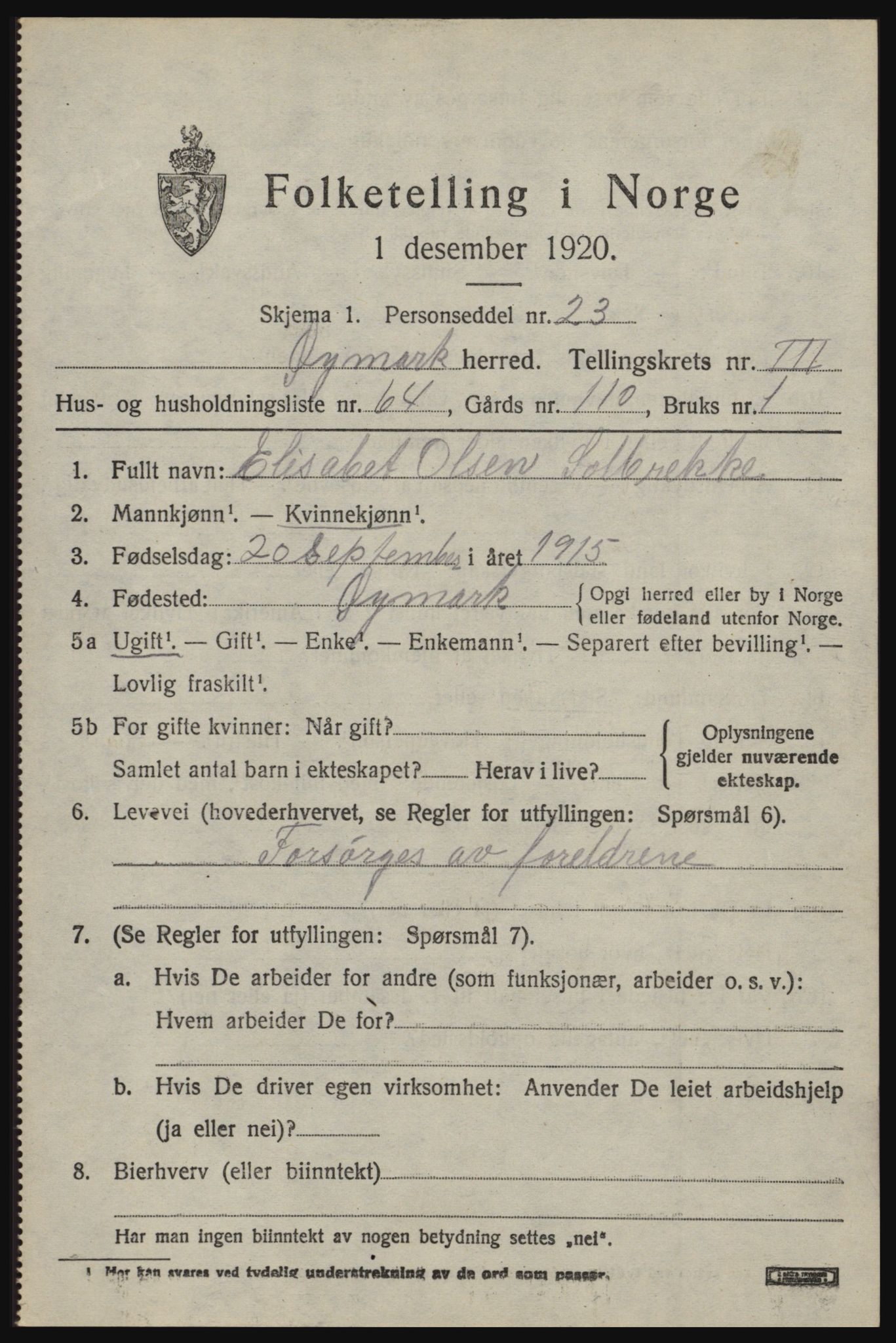 SAO, 1920 census for Øymark, 1920, p. 3145