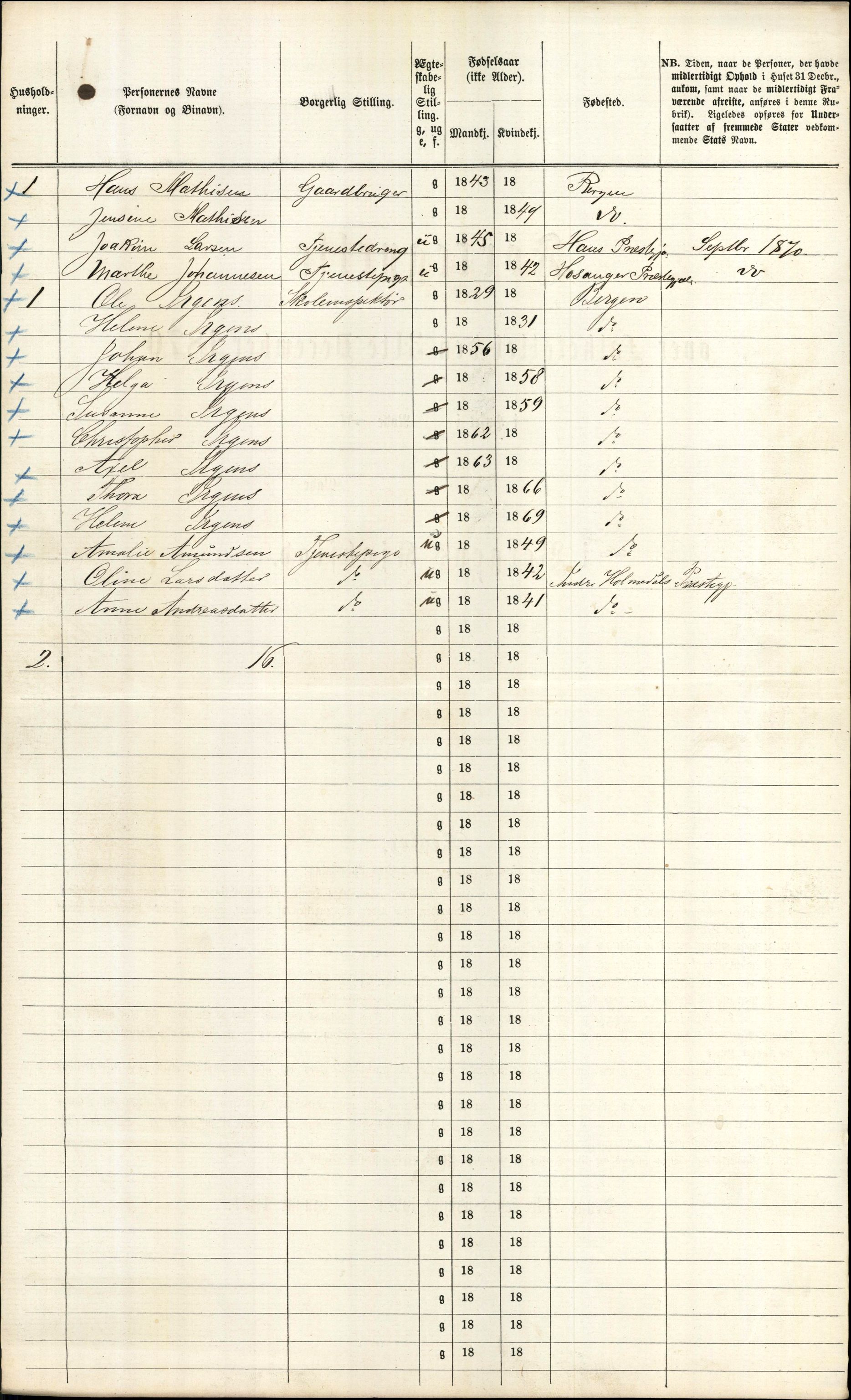 RA, 1870 census for 1301 Bergen, 1870