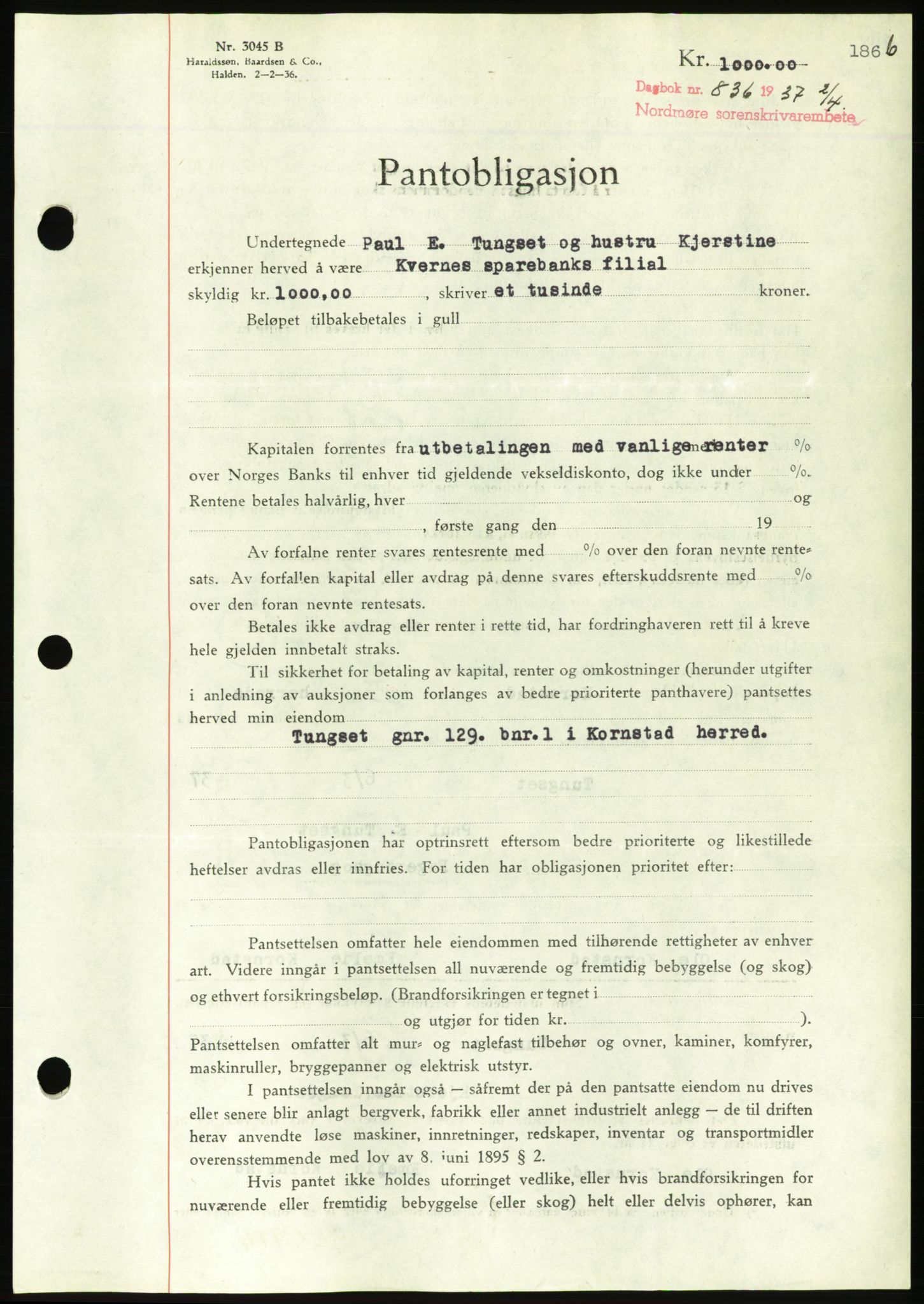 Nordmøre sorenskriveri, AV/SAT-A-4132/1/2/2Ca/L0091: Mortgage book no. B81, 1937-1937, Diary no: : 836/1937