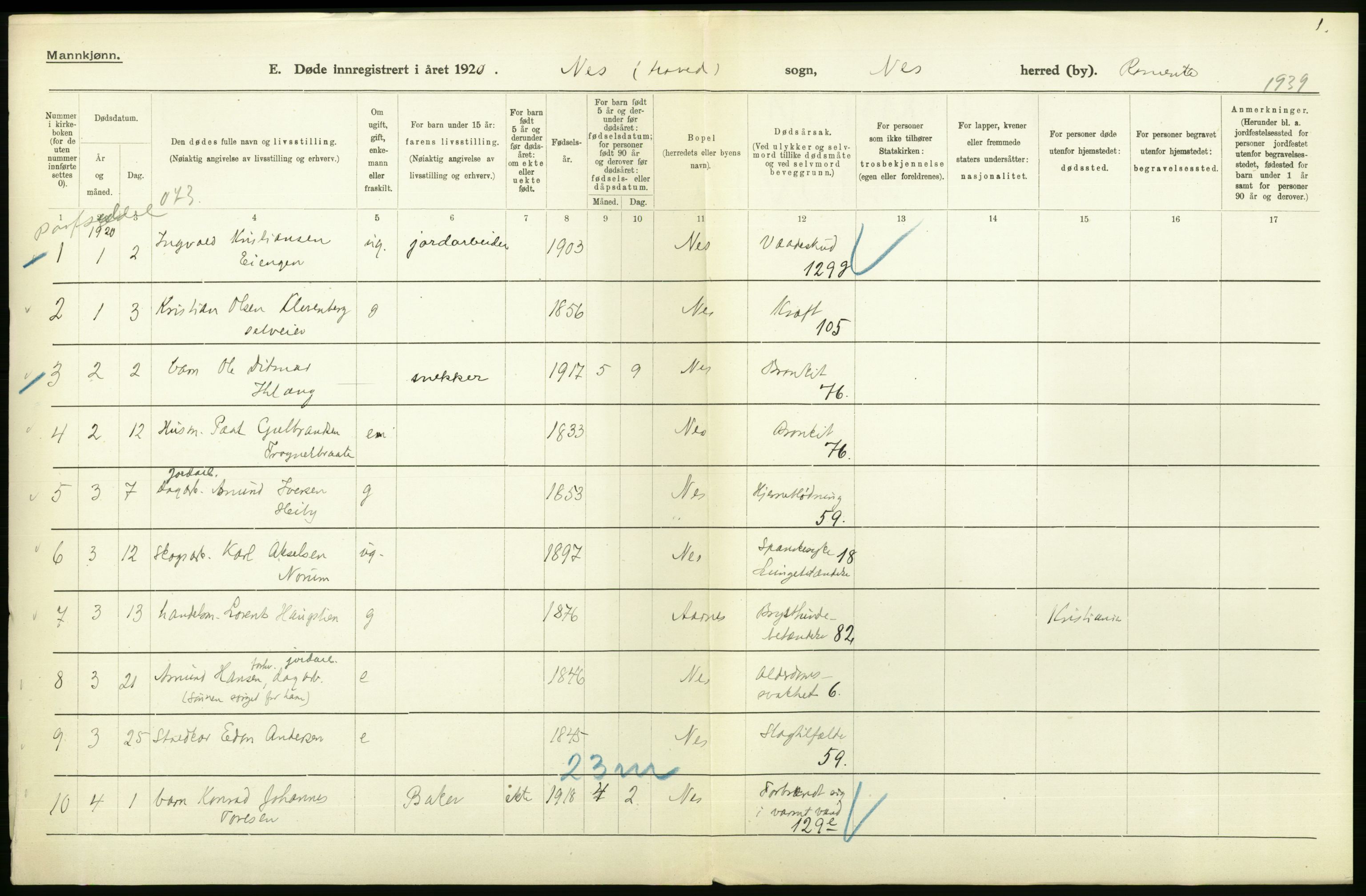 Statistisk sentralbyrå, Sosiodemografiske emner, Befolkning, AV/RA-S-2228/D/Df/Dfb/Dfbj/L0007: Akershus fylke: Døde. Bygder og byer., 1920, p. 210