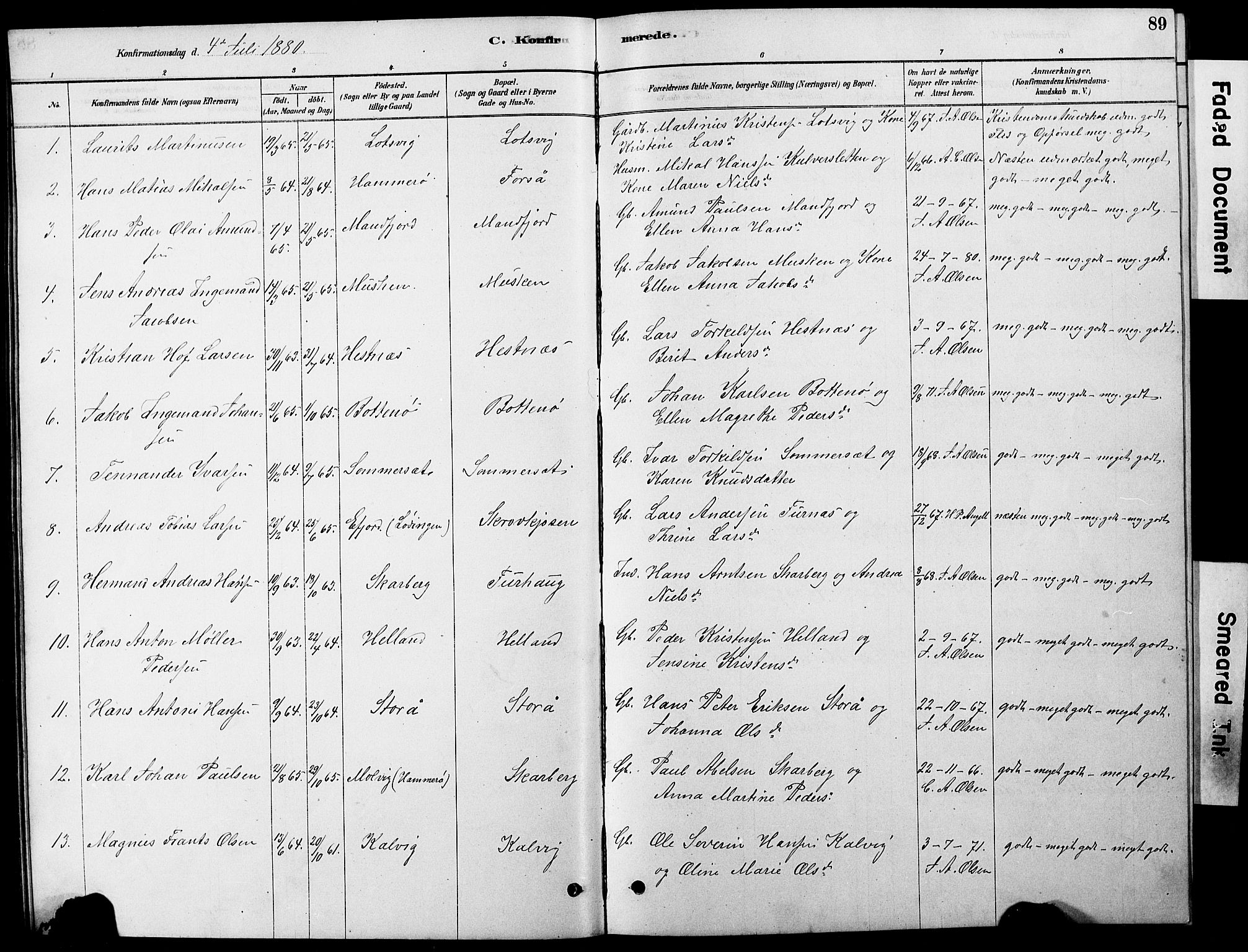 Ministerialprotokoller, klokkerbøker og fødselsregistre - Nordland, AV/SAT-A-1459/861/L0875: Parish register (copy) no. 861C01, 1879-1887, p. 89