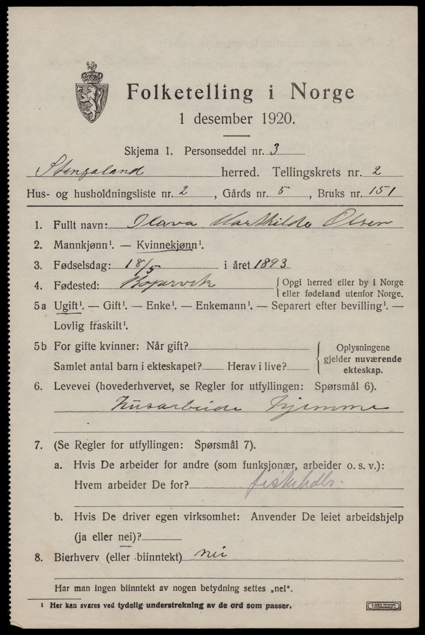 SAST, 1920 census for Stangaland, 1920, p. 1213