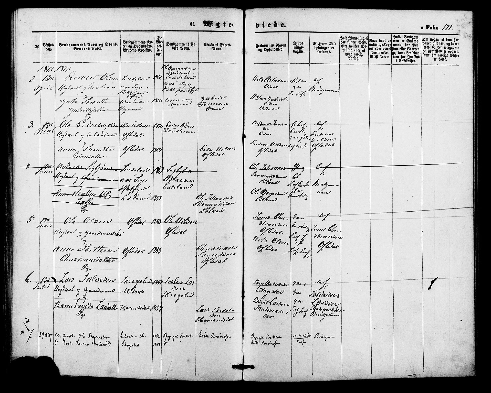 Bakke sokneprestkontor, SAK/1111-0002/F/Fa/Faa/L0007: Parish register (official) no. A 7, 1877-1886, p. 171