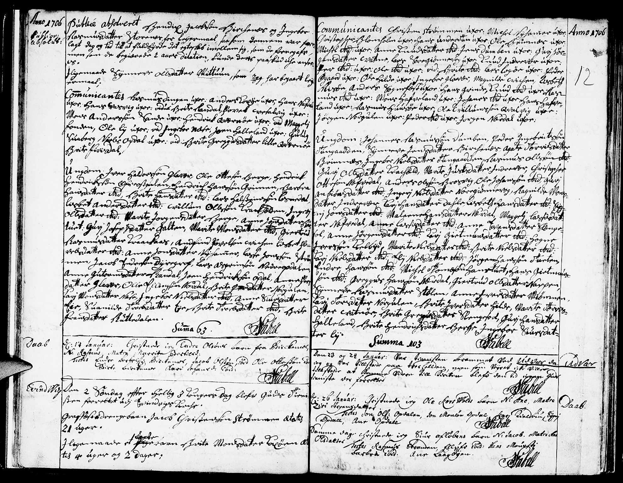 Gulen sokneprestembete, AV/SAB-A-80201/H/Haa/Haaa/L0004: Parish register (official) no. A 4, 1705-1708, p. 12