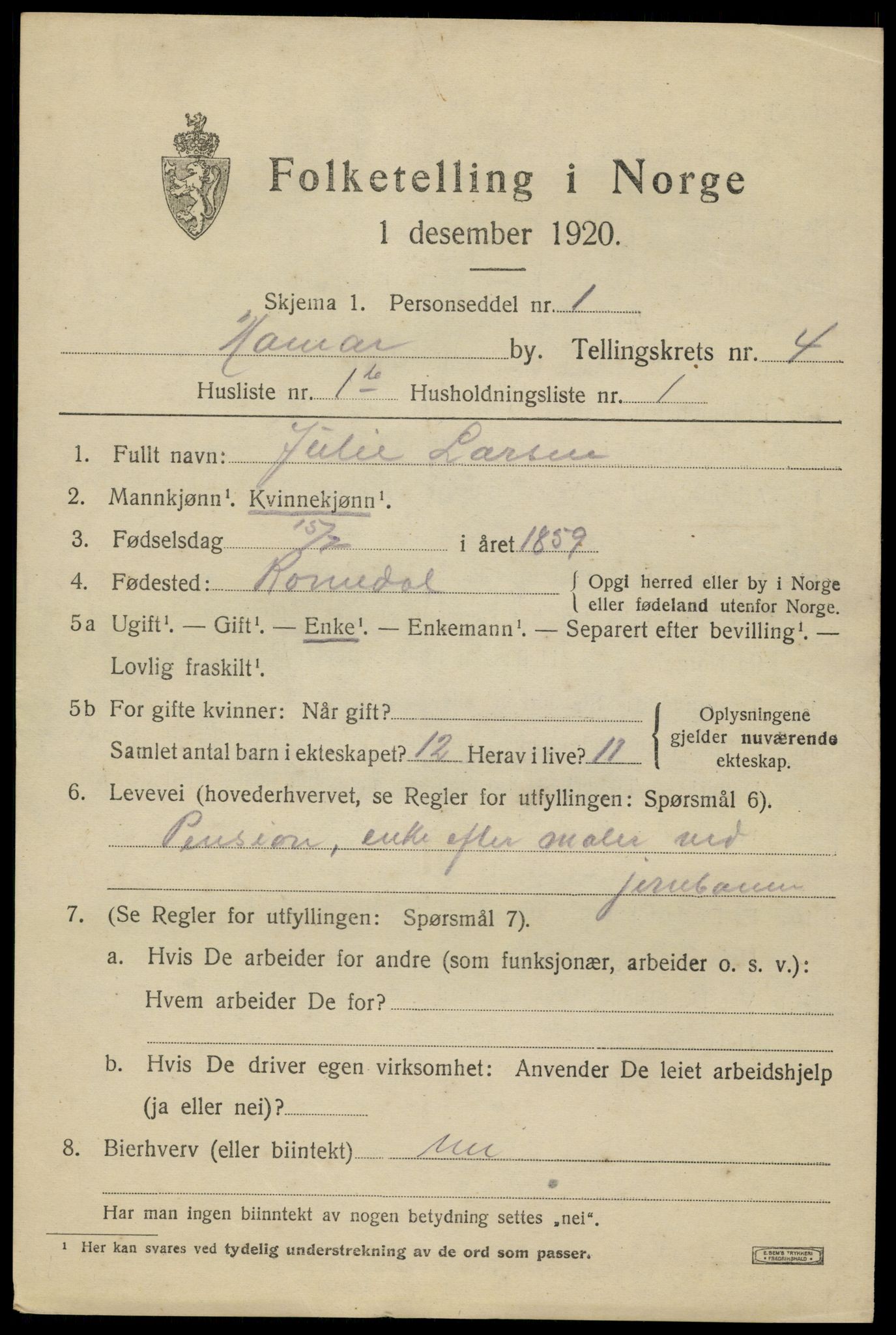 SAH, 1920 census for Hamar, 1920, p. 7801