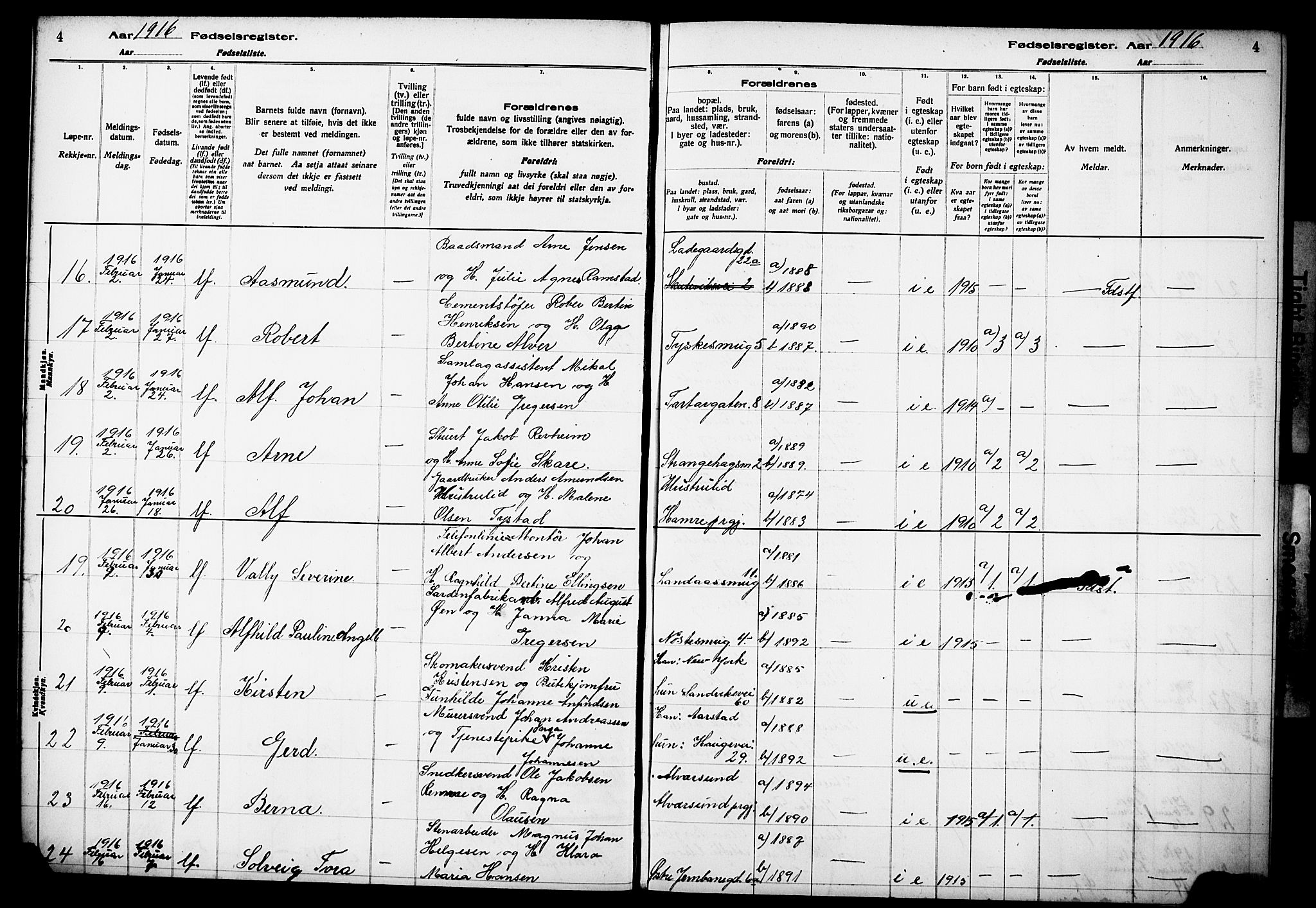 Kvinneklinikken, AV/SAB-A-76301/F/L0A01: Birth register no. A 1, 1916-1920, p. 4