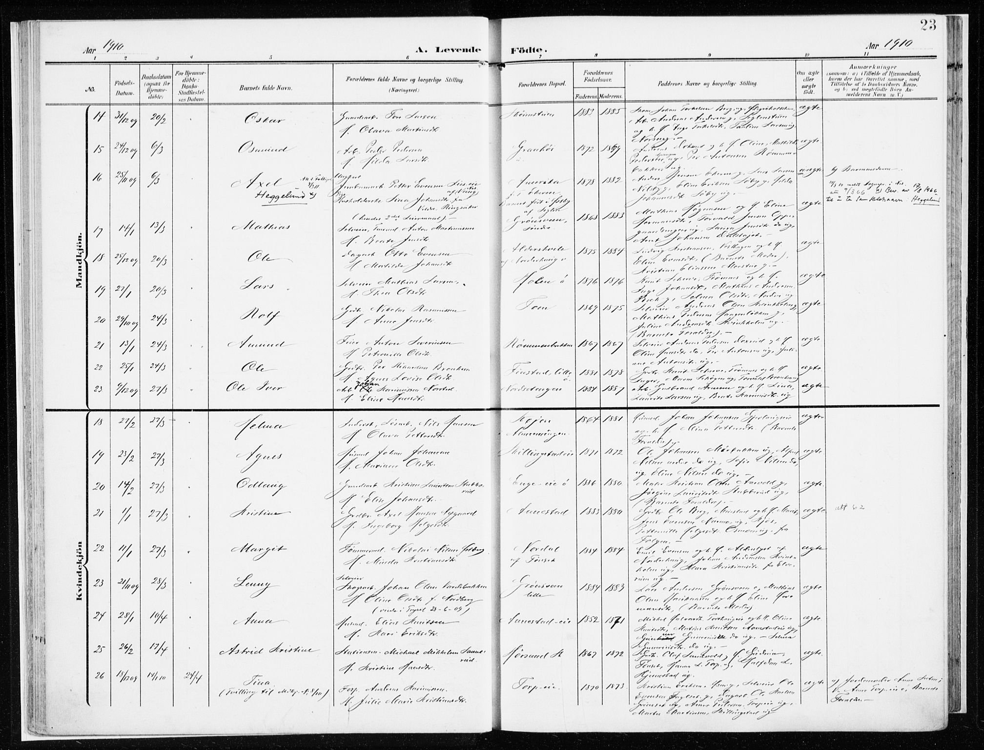 Løten prestekontor, AV/SAH-PREST-022/K/Ka/L0011: Parish register (official) no. 11, 1908-1917, p. 23