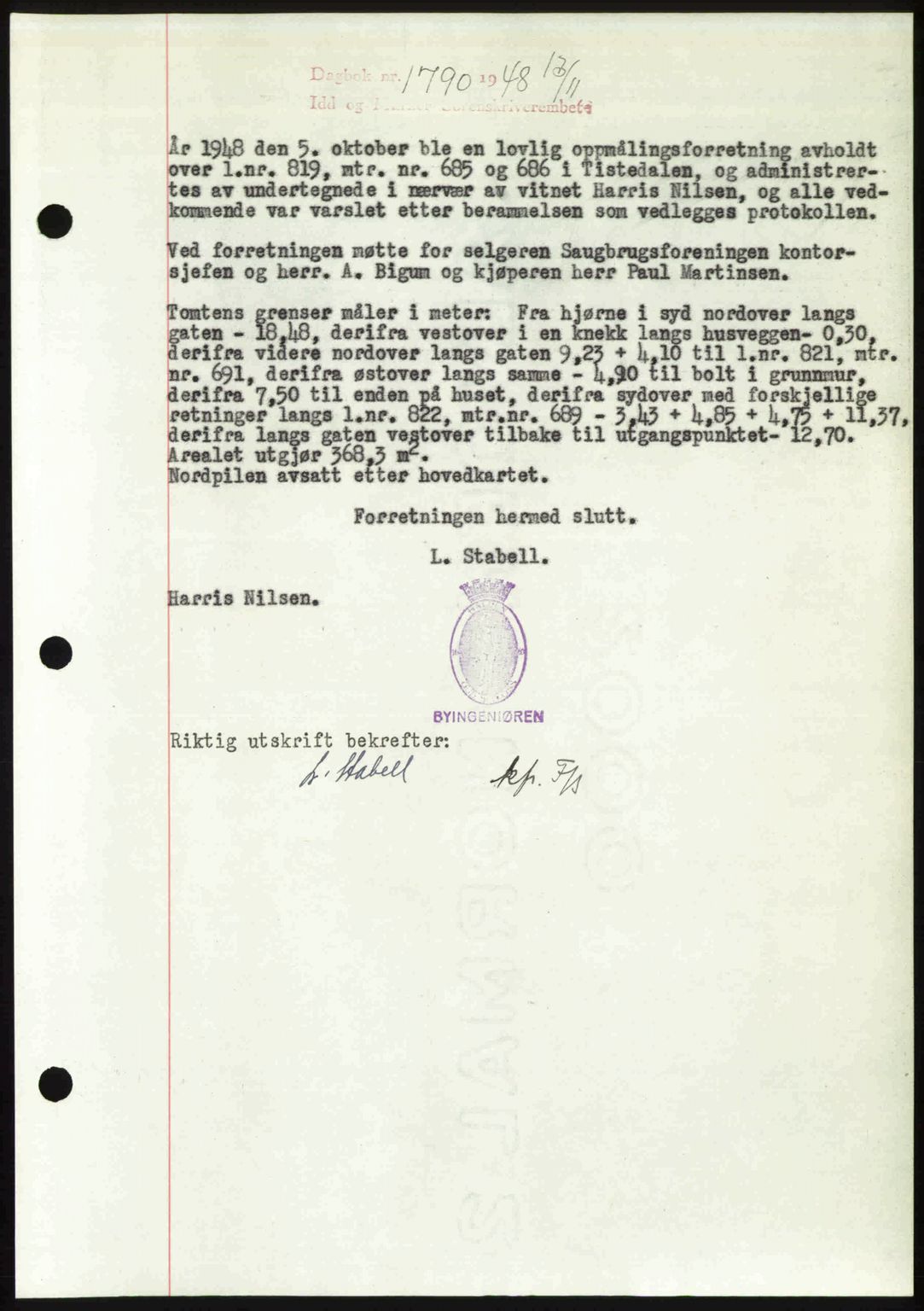 Idd og Marker sorenskriveri, AV/SAO-A-10283/G/Gb/Gbb/L0011: Mortgage book no. A11, 1948-1949, Diary no: : 1790/1948