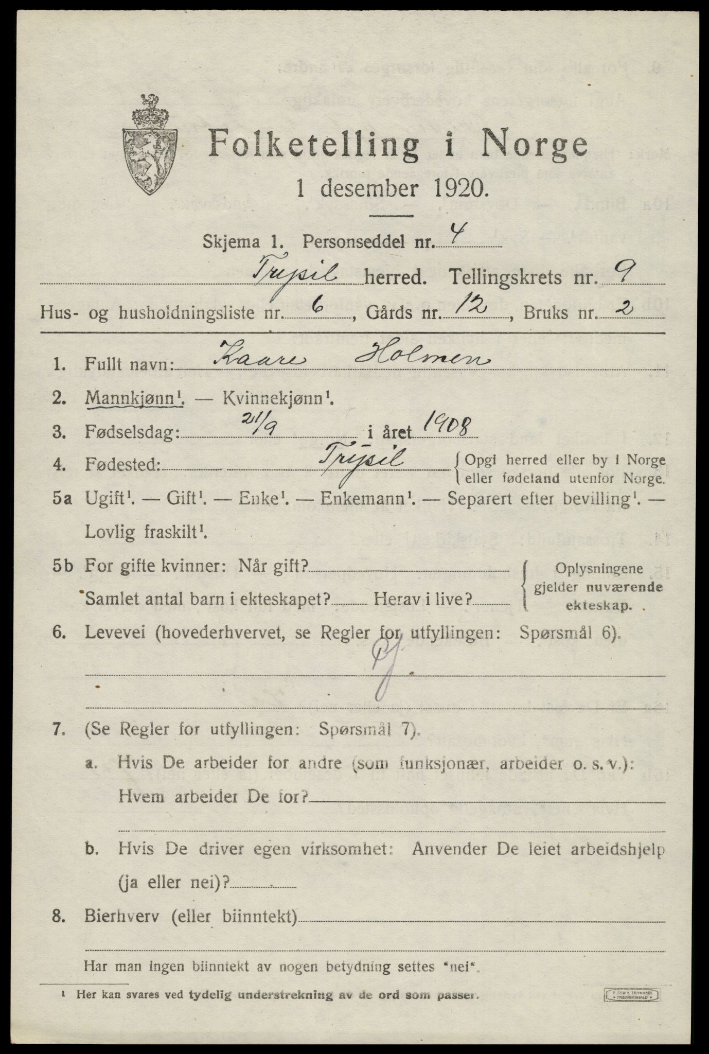 SAH, 1920 census for Trysil, 1920, p. 6617