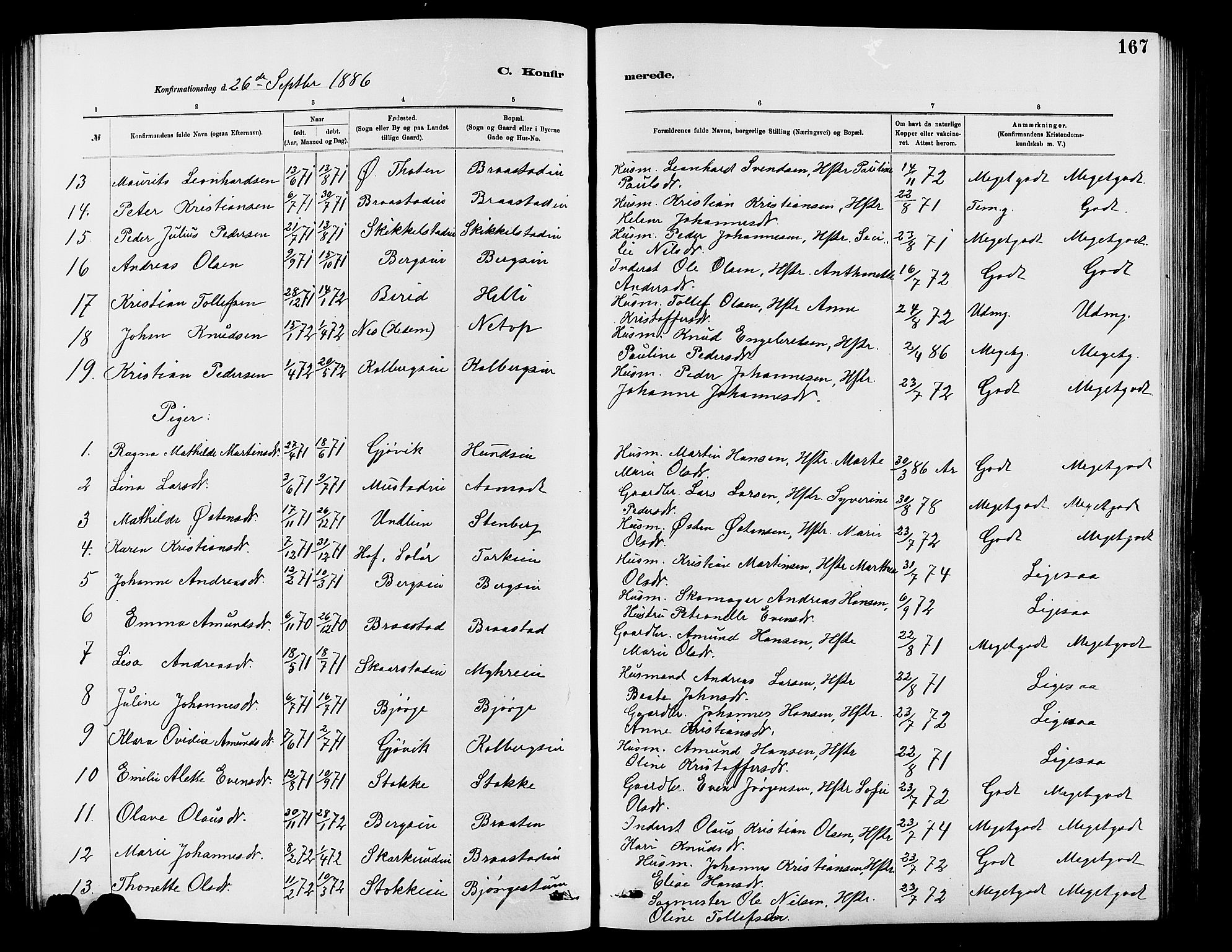 Vardal prestekontor, SAH/PREST-100/H/Ha/Hab/L0007: Parish register (copy) no. 7 /1, 1881-1895, p. 167