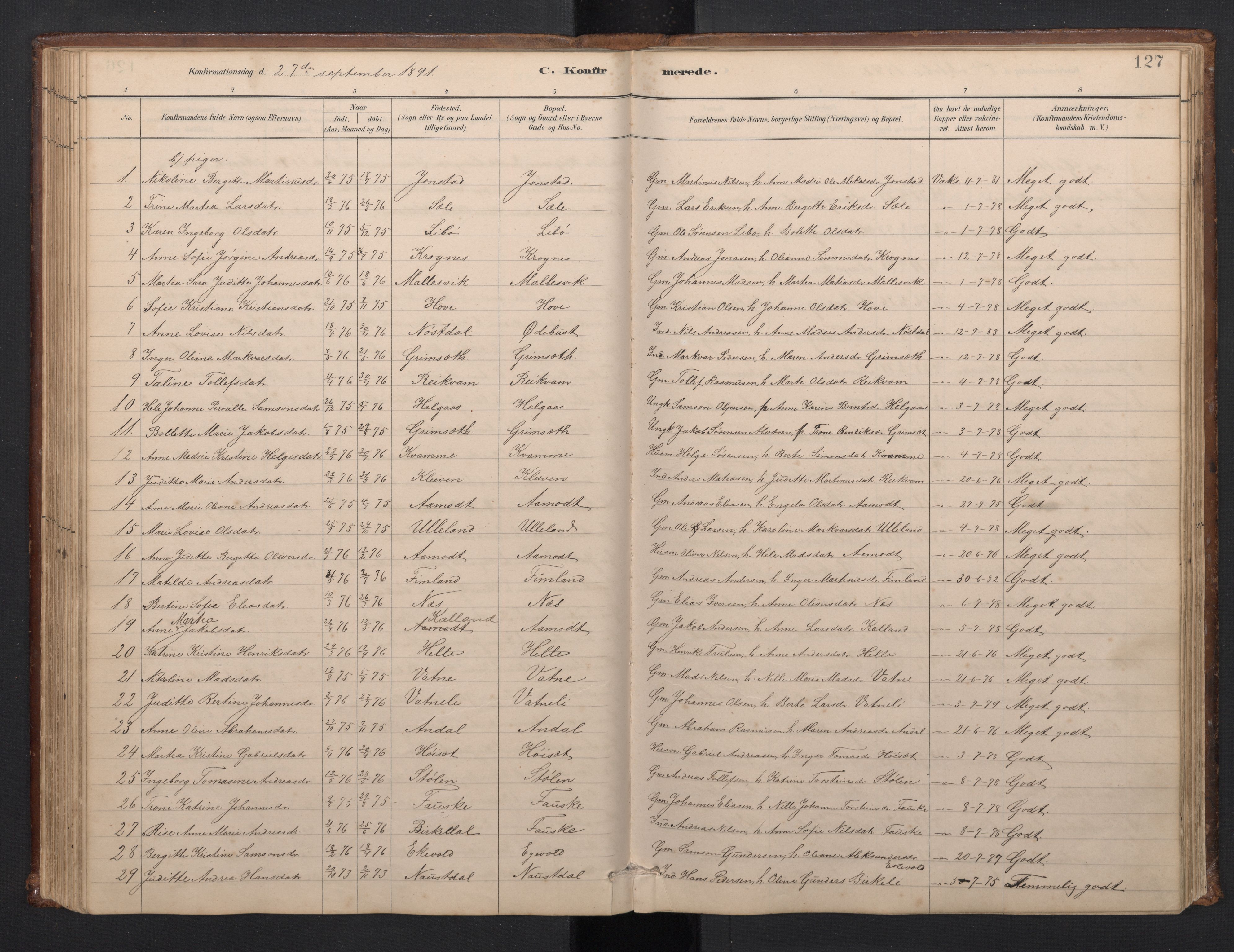 Førde sokneprestembete, SAB/A-79901/H/Hab/Habd/L0003: Parish register (copy) no. D 3, 1881-1897, p. 126b-127a