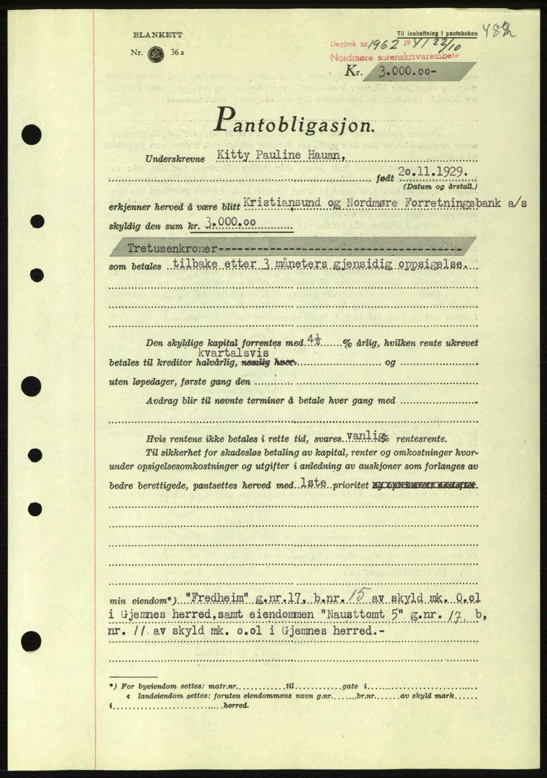 Nordmøre sorenskriveri, AV/SAT-A-4132/1/2/2Ca: Mortgage book no. B88, 1941-1942, Diary no: : 1962/1941