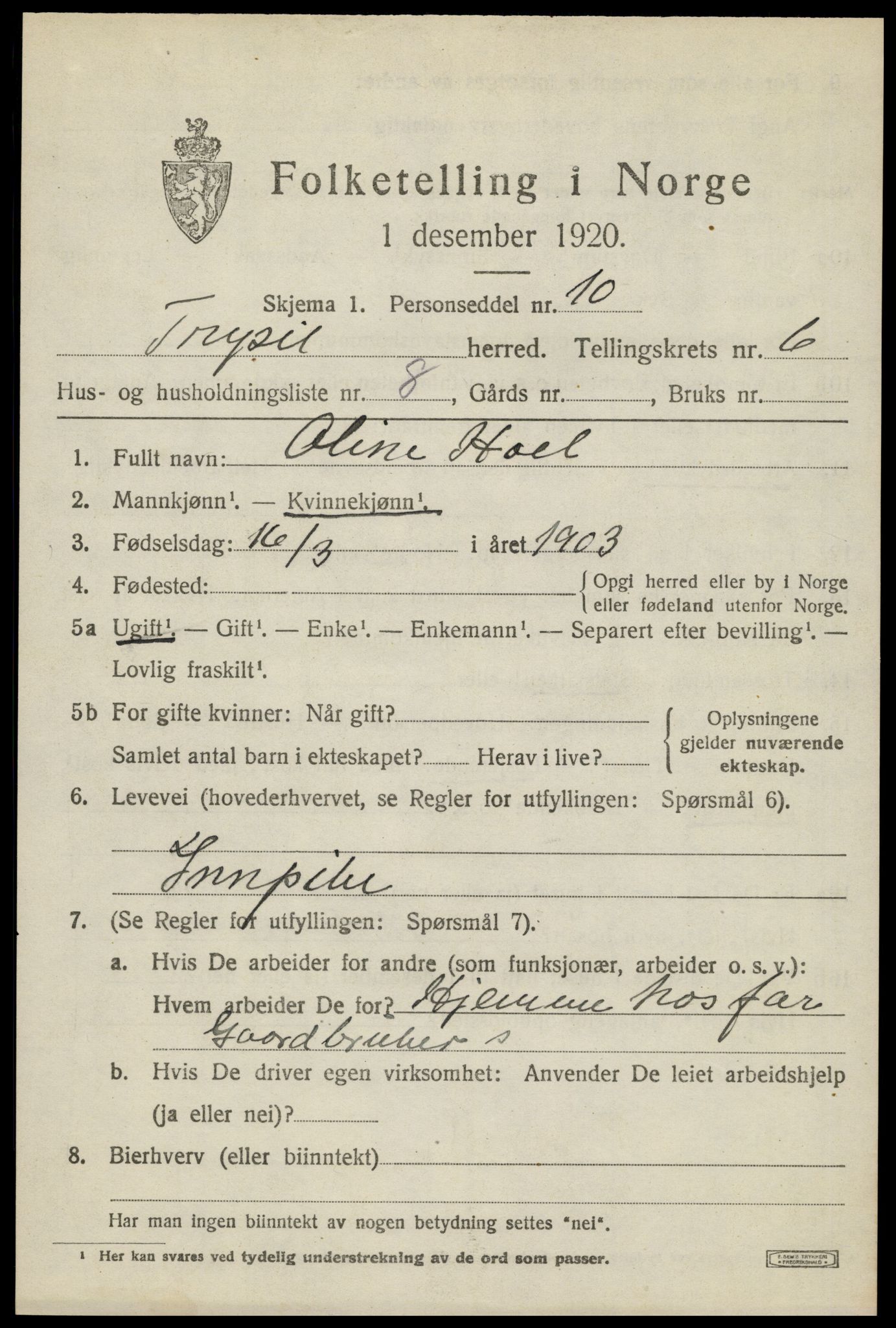 SAH, 1920 census for Trysil, 1920, p. 4633