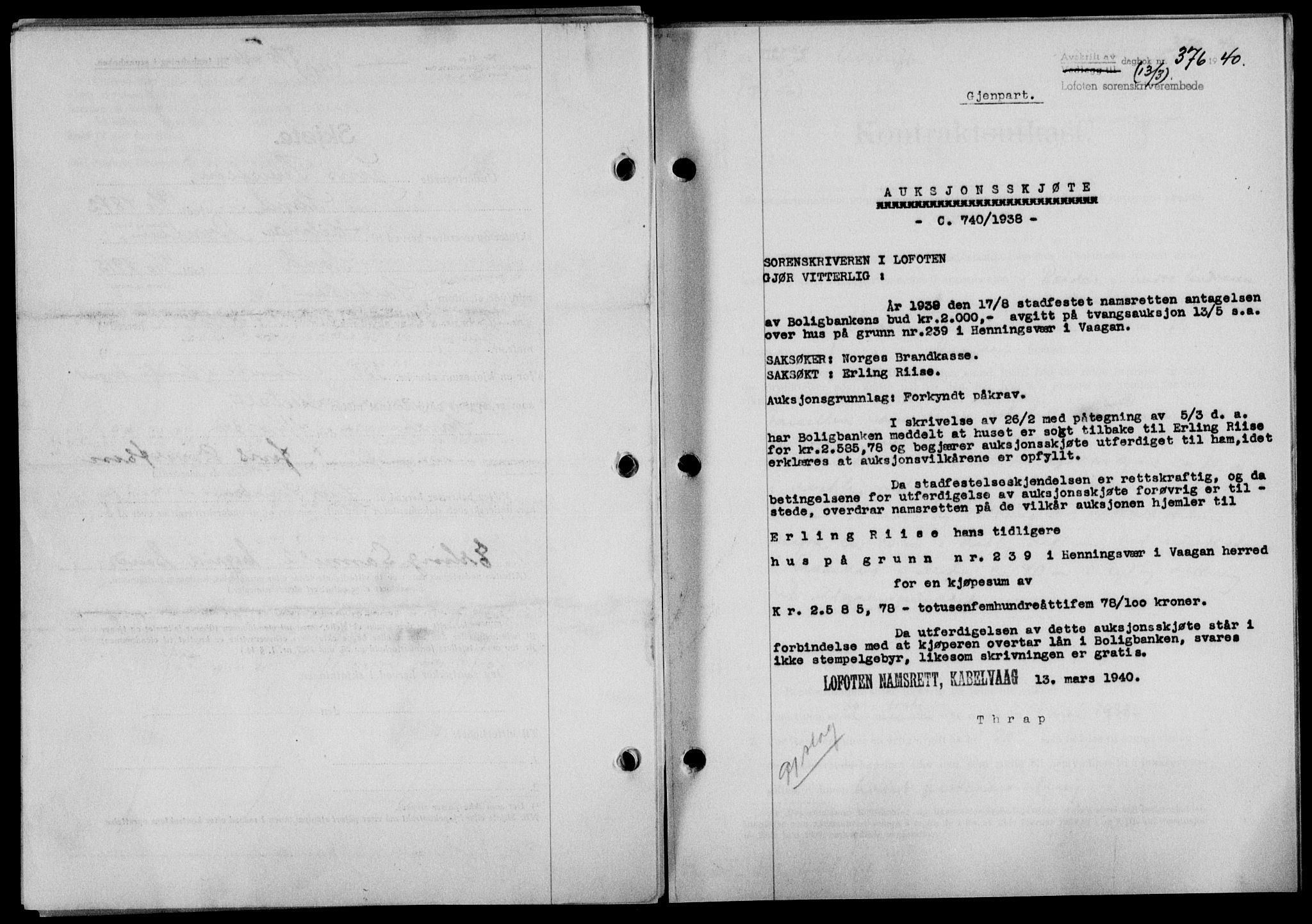 Lofoten sorenskriveri, SAT/A-0017/1/2/2C/L0007a: Mortgage book no. 7a, 1939-1940, Diary no: : 376/1940