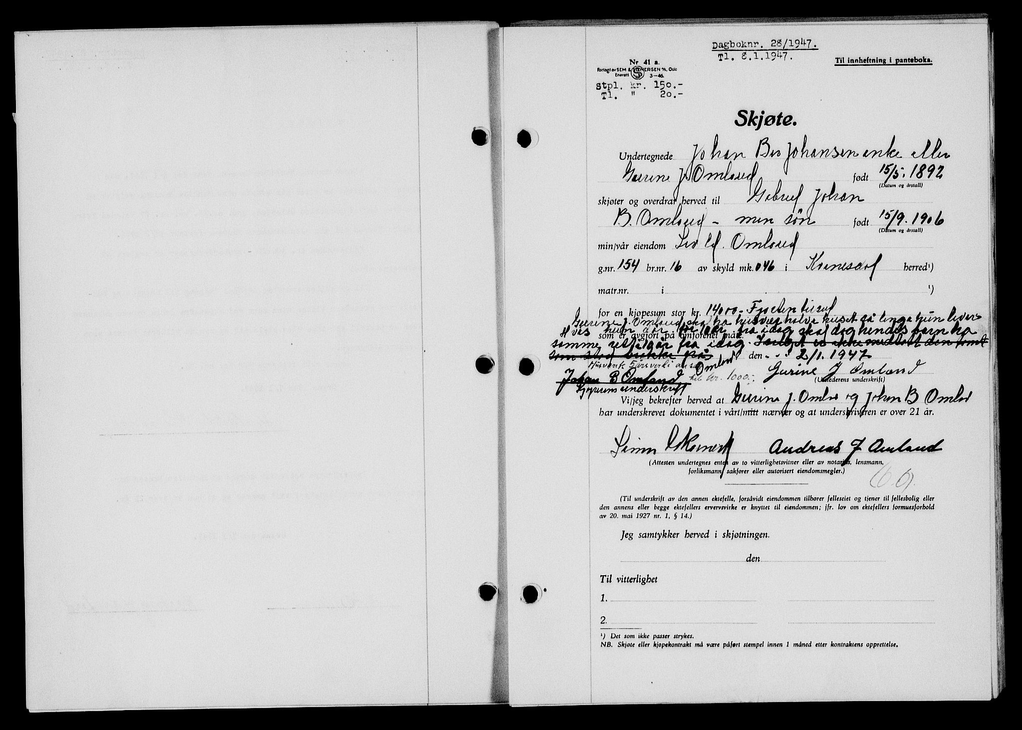 Flekkefjord sorenskriveri, SAK/1221-0001/G/Gb/Gba/L0061: Mortgage book no. A-9, 1946-1947, Diary no: : 28/1947