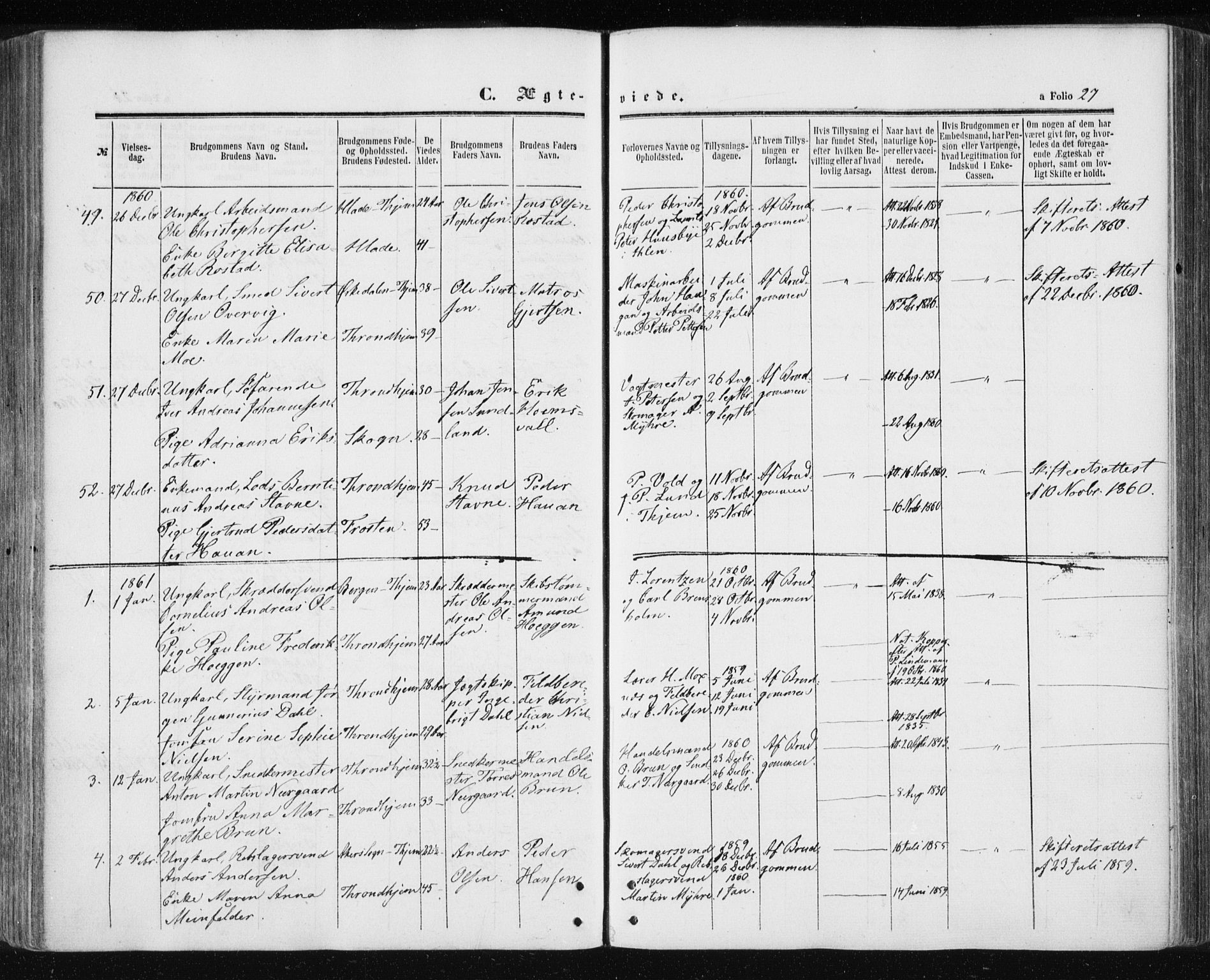 Ministerialprotokoller, klokkerbøker og fødselsregistre - Sør-Trøndelag, SAT/A-1456/601/L0053: Parish register (official) no. 601A21, 1857-1865, p. 27