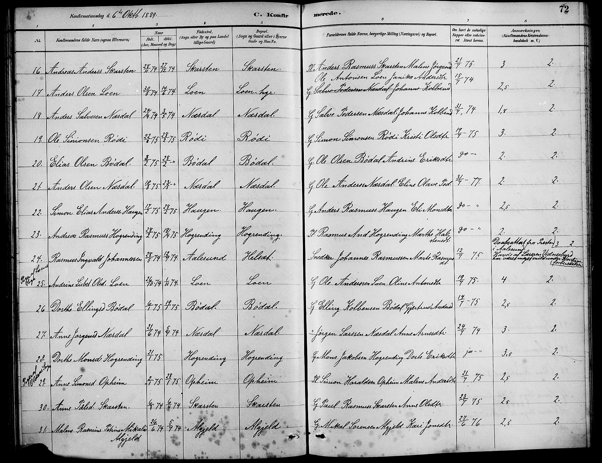 Innvik sokneprestembete, AV/SAB-A-80501: Parish register (copy) no. B 3, 1886-1897, p. 72