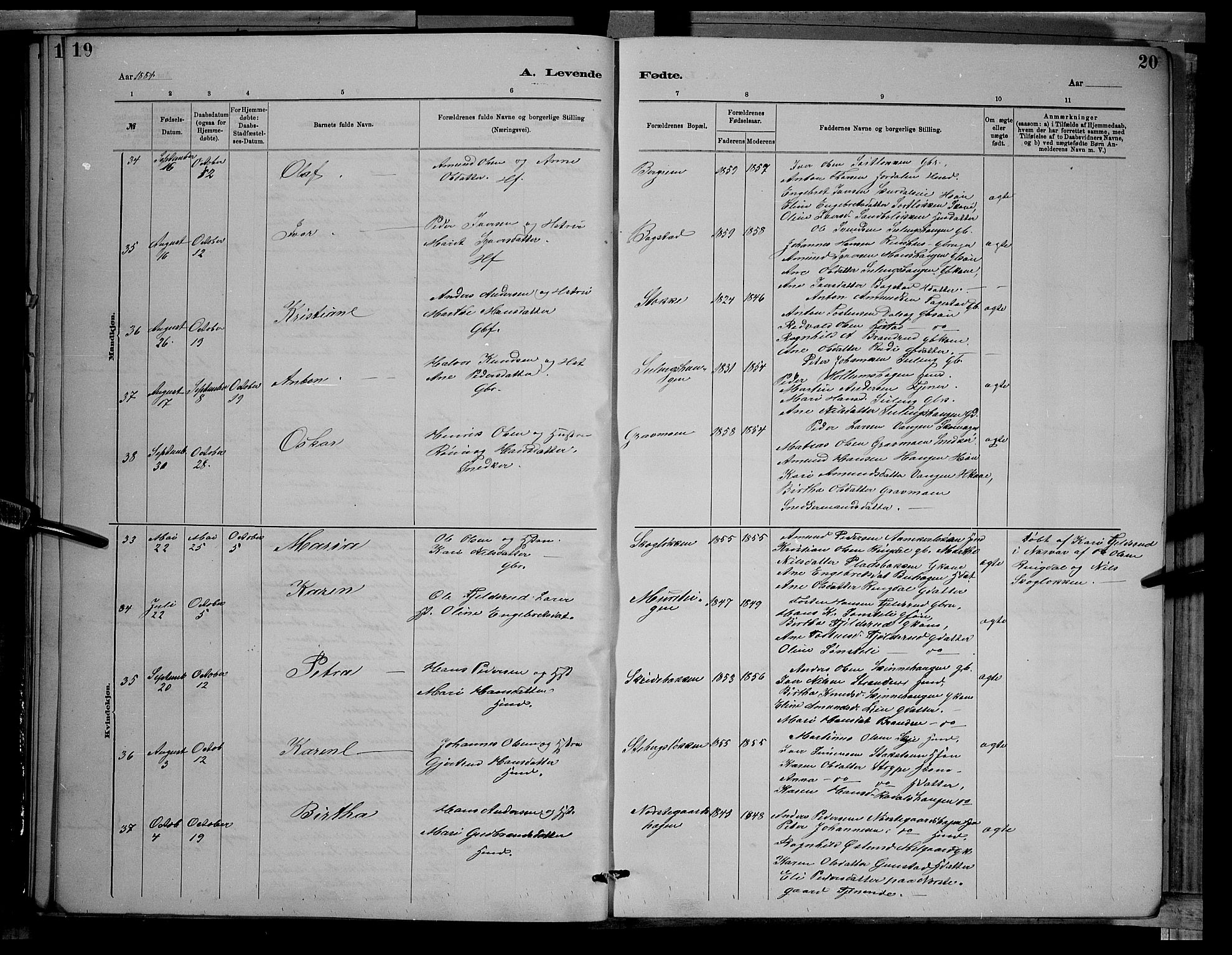 Sør-Fron prestekontor, AV/SAH-PREST-010/H/Ha/Hab/L0003: Parish register (copy) no. 3, 1884-1896, p. 19-20