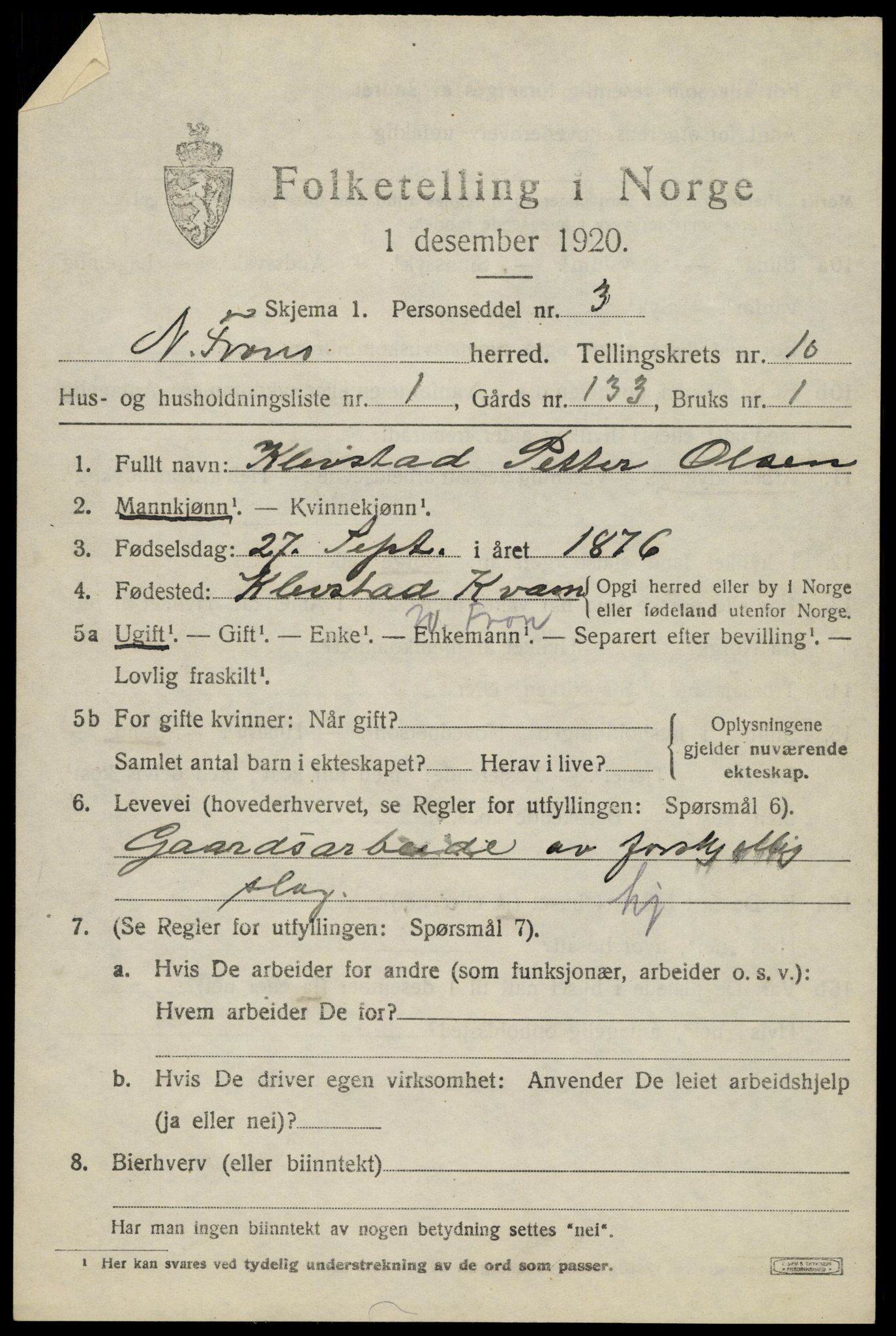 SAH, 1920 census for Nord-Fron, 1920, p. 7956