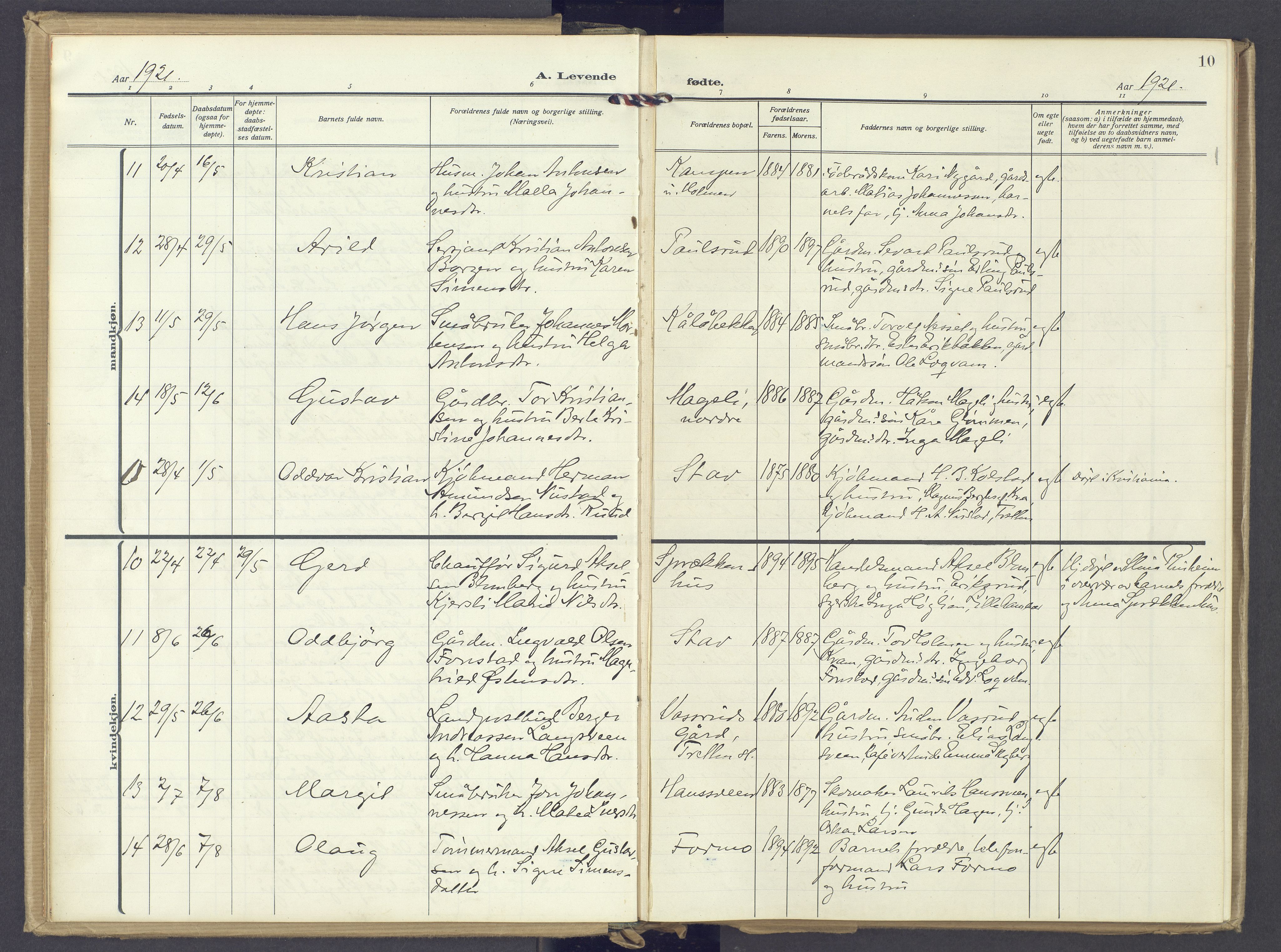 Øyer prestekontor, AV/SAH-PREST-084/H/Ha/Haa/L0014: Parish register (official) no. 14, 1919-1932, p. 10