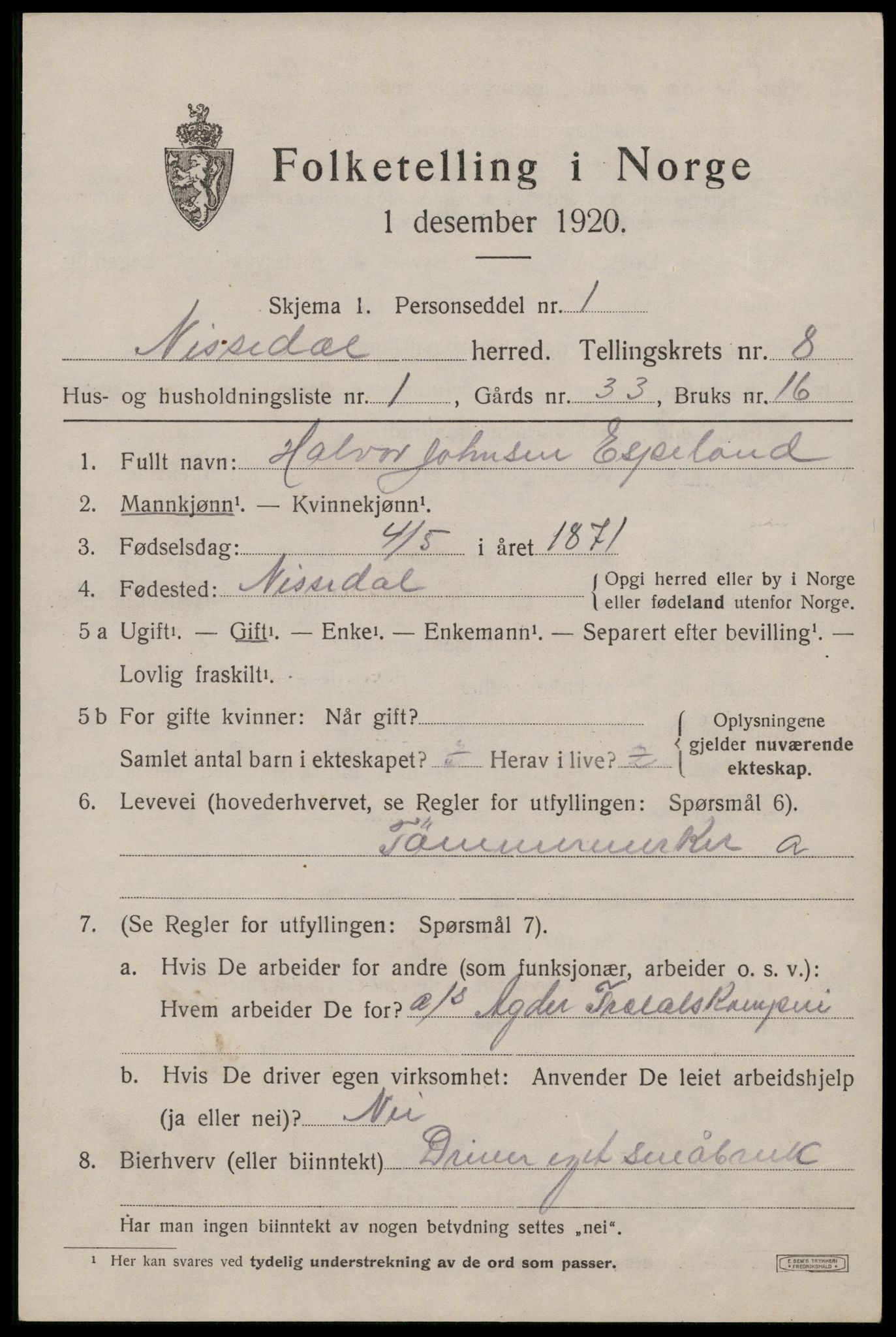 SAKO, 1920 census for Nissedal, 1920, p. 3039