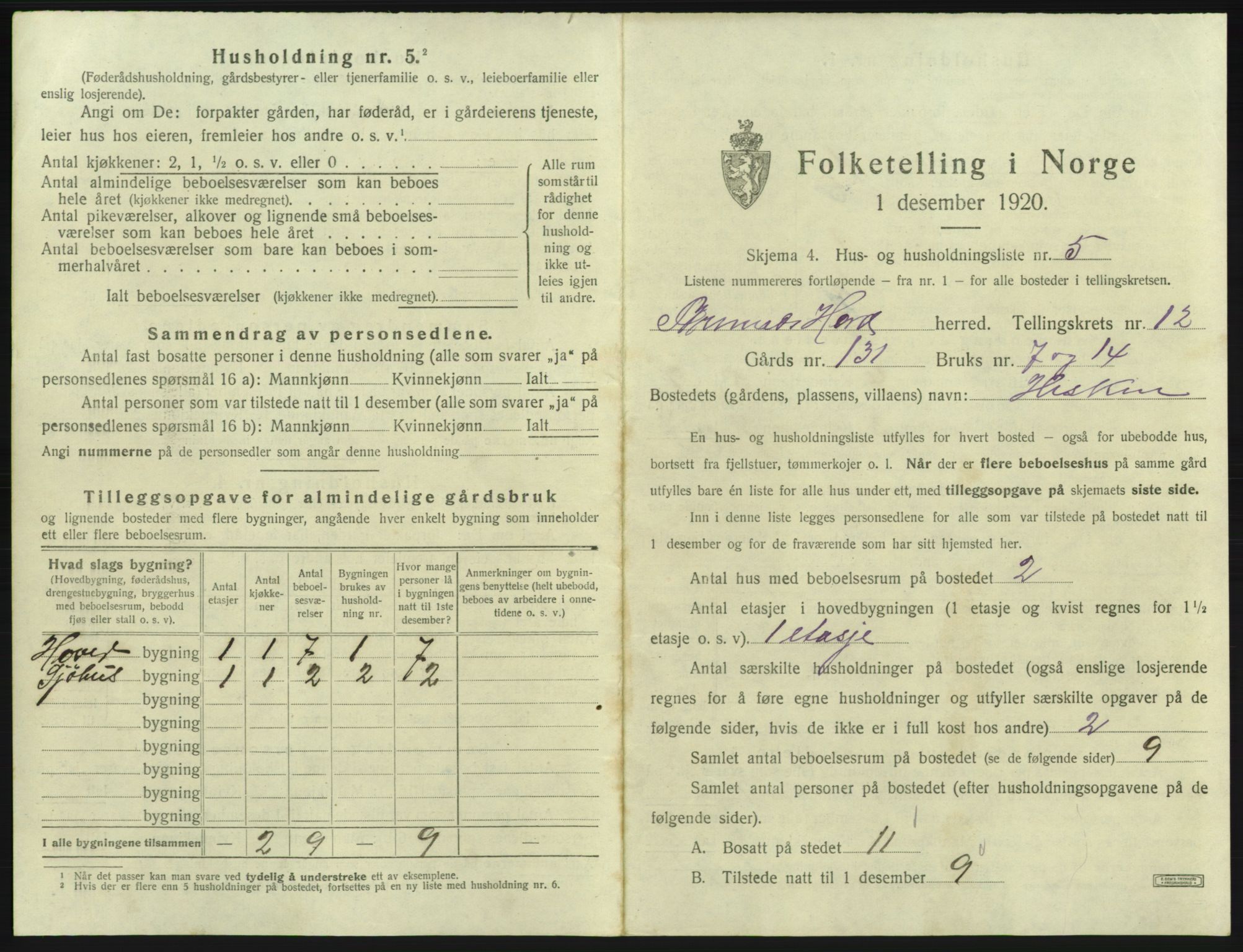 SAB, 1920 census for Bremnes, 1920, p. 1034