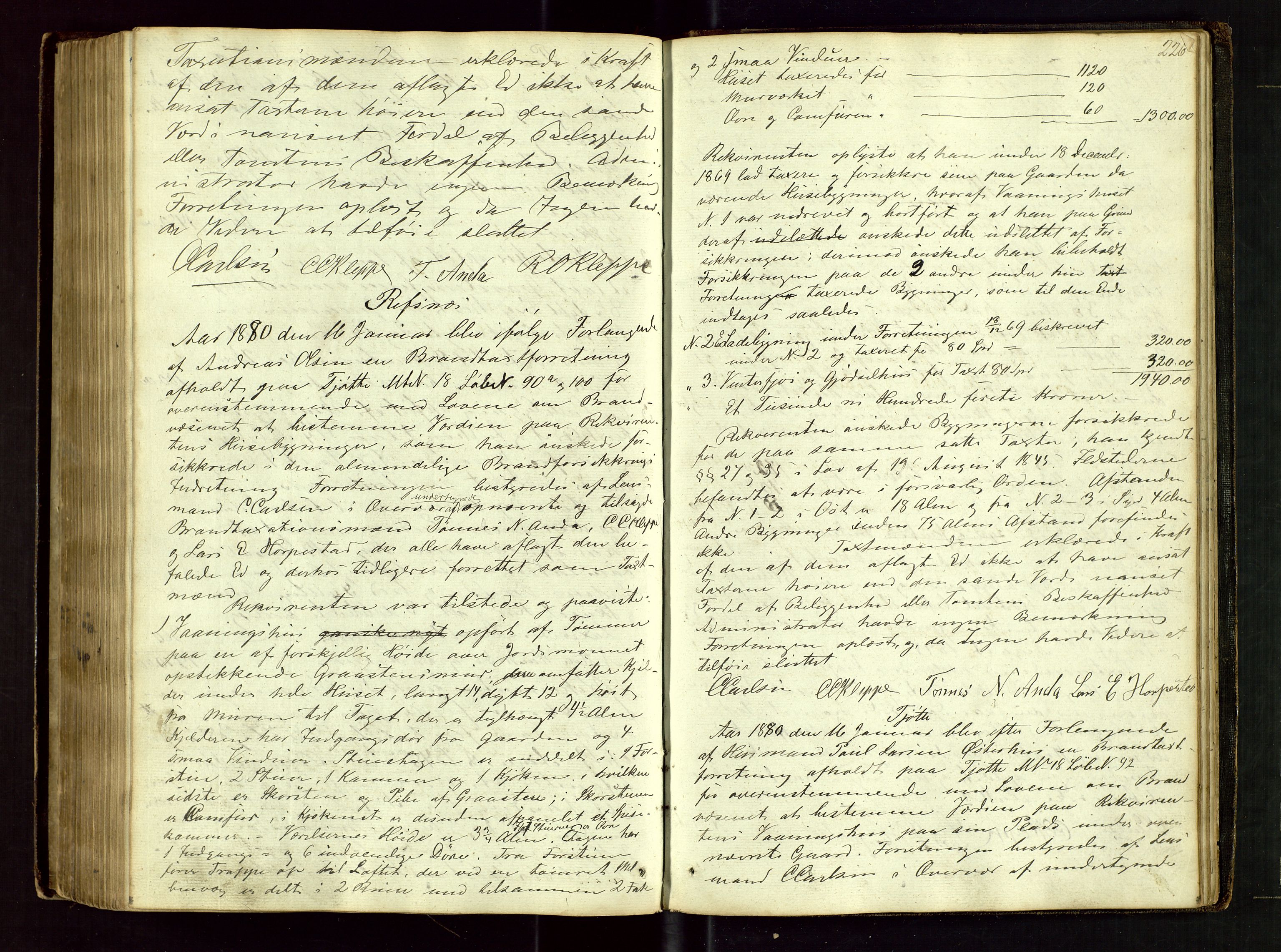 Klepp lensmannskontor, AV/SAST-A-100163/Gob/L0001: "Brandtaxatjons Protocol for Kleps Thinglaug", 1846-1881, p. 225b-226a