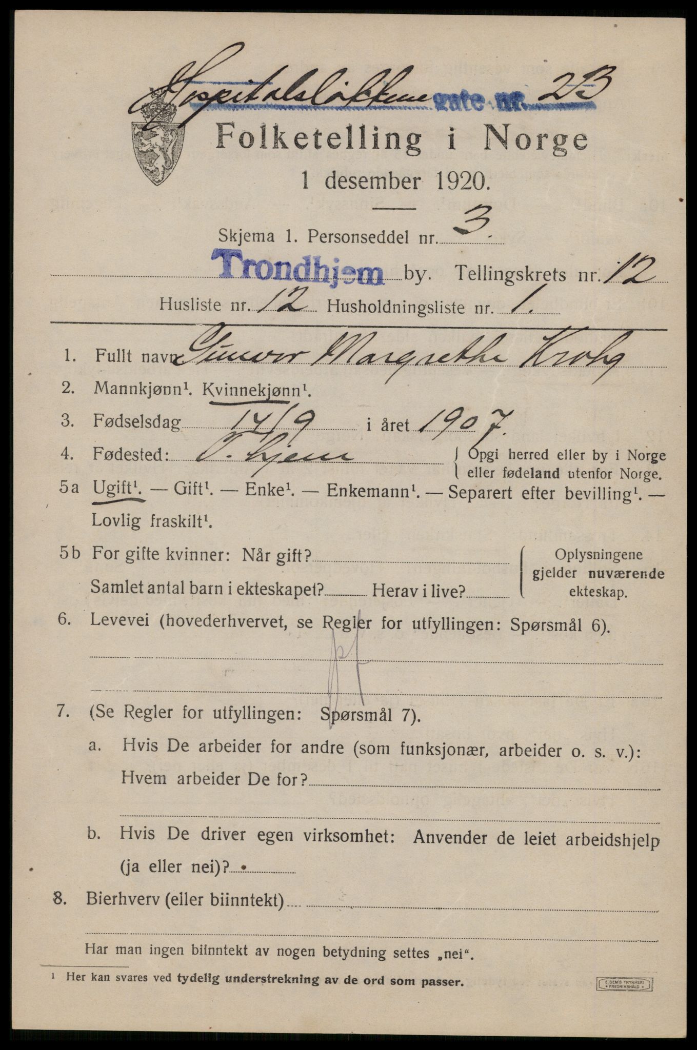 SAT, 1920 census for Trondheim, 1920, p. 48038